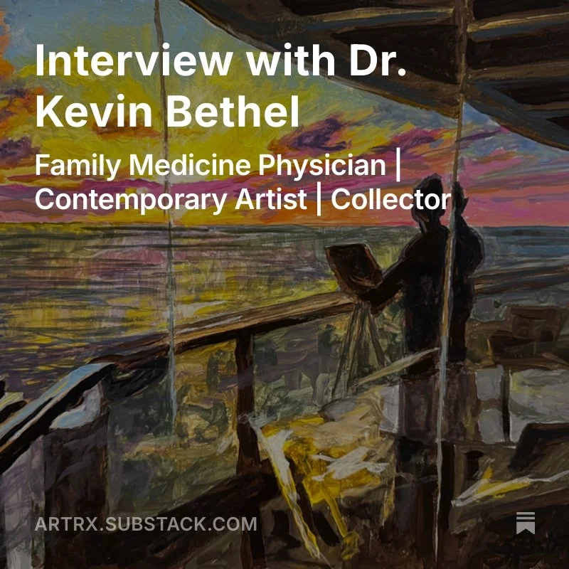 Painting of a man reading a book or tablet on a porch overlooking a body of water at sunset.