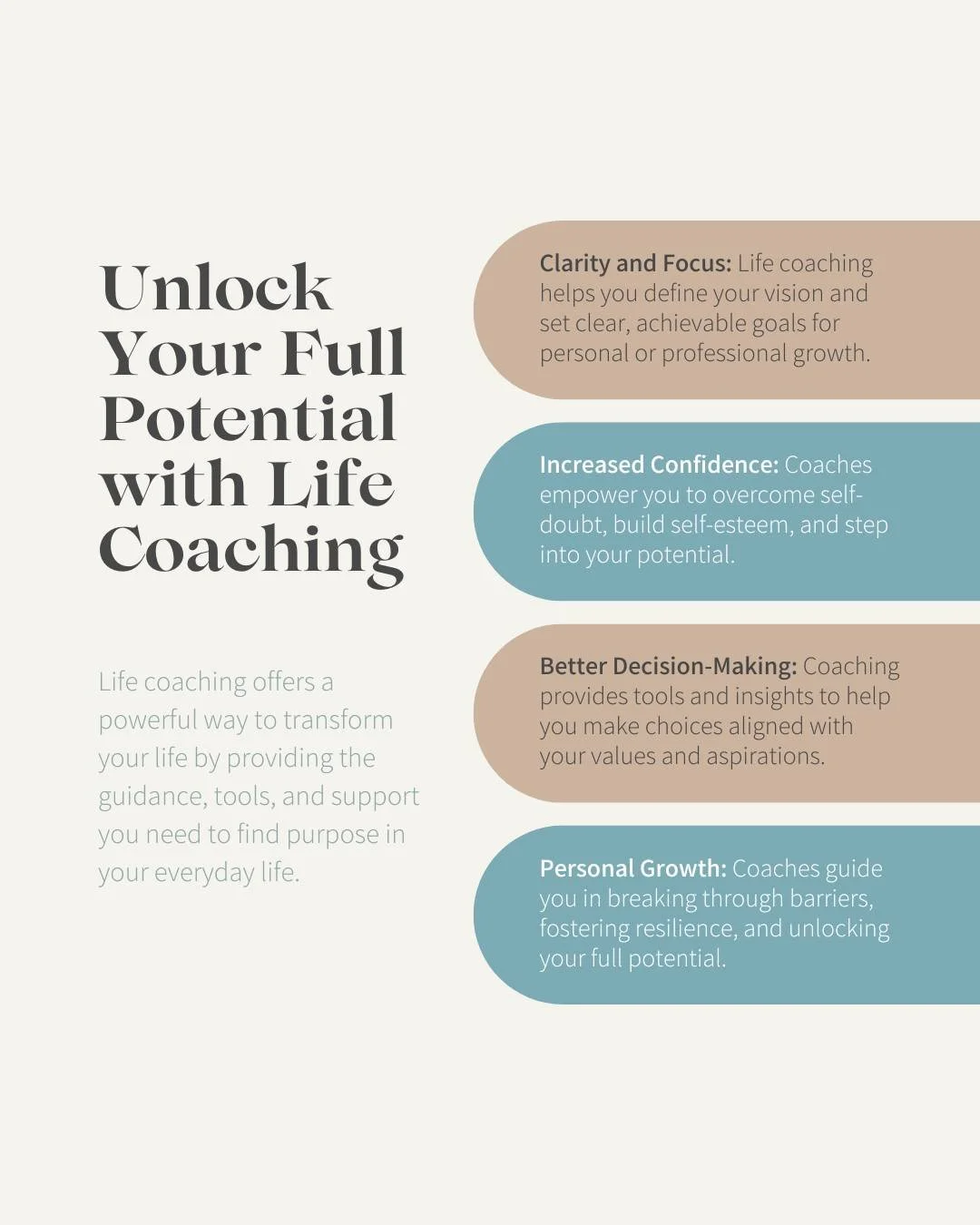 Feeling stuck? Coaching cuts through the noise and can help you...

💡See yourself clearly
🎯 Get aligned with what matters
🚀 Build sustainable habits
🤝 Stay accountable

If you've been wanting to learn more about life coaching, DM me next and I'll