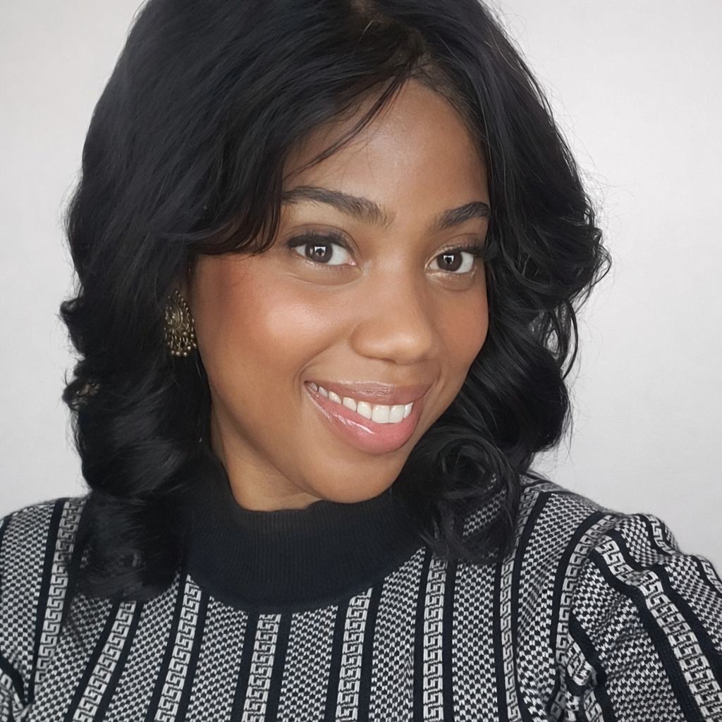 A woman with wavy black hair, wearing gold earrings, smiling, dressed in a black and white patterned top with a high neckline, against a plain light gray background.
