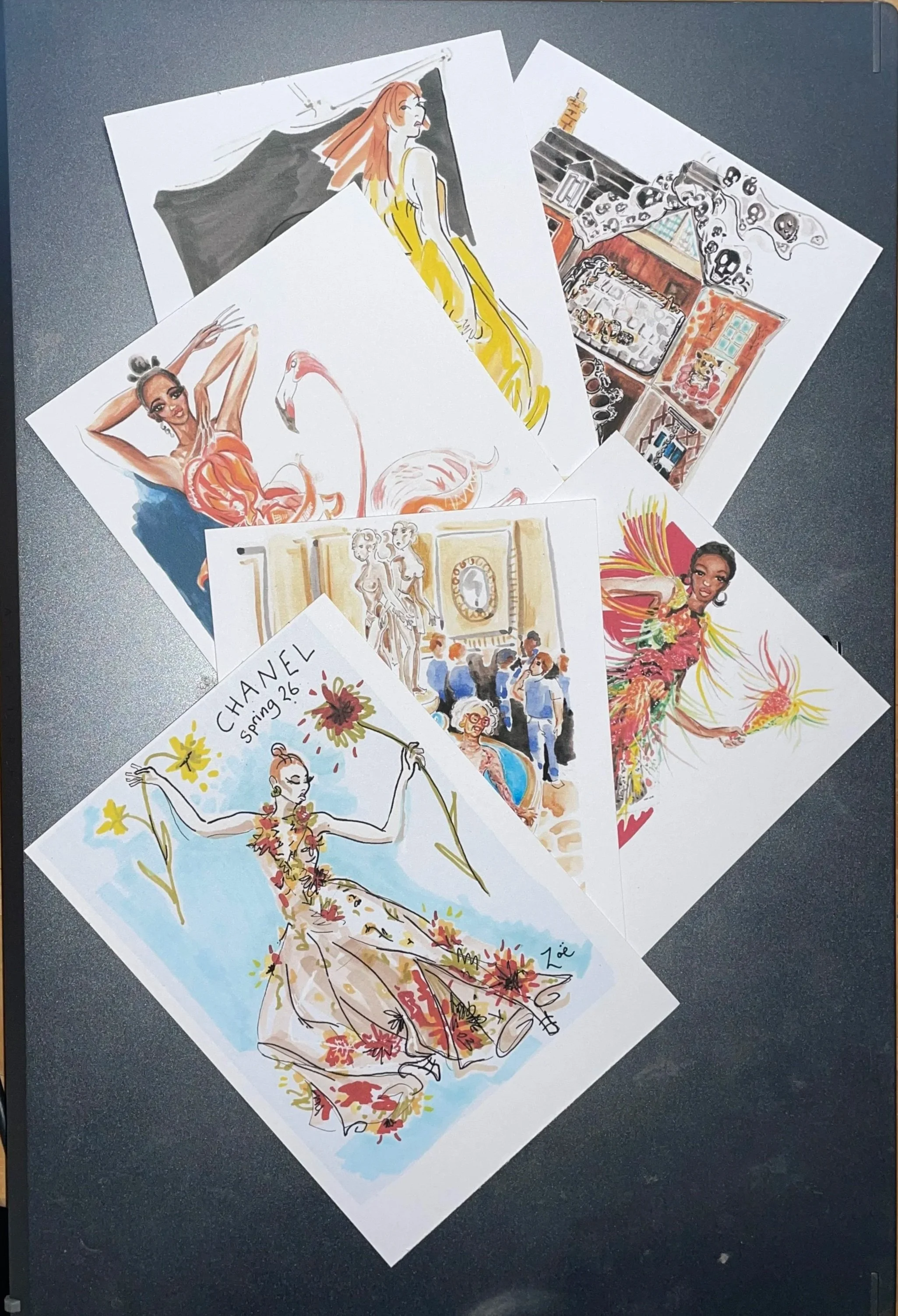 Set of 6 fashion illustration postcards featuring different designs ink-jet printed on 300gsm card photo shows full range by Zoe Parker Illustration