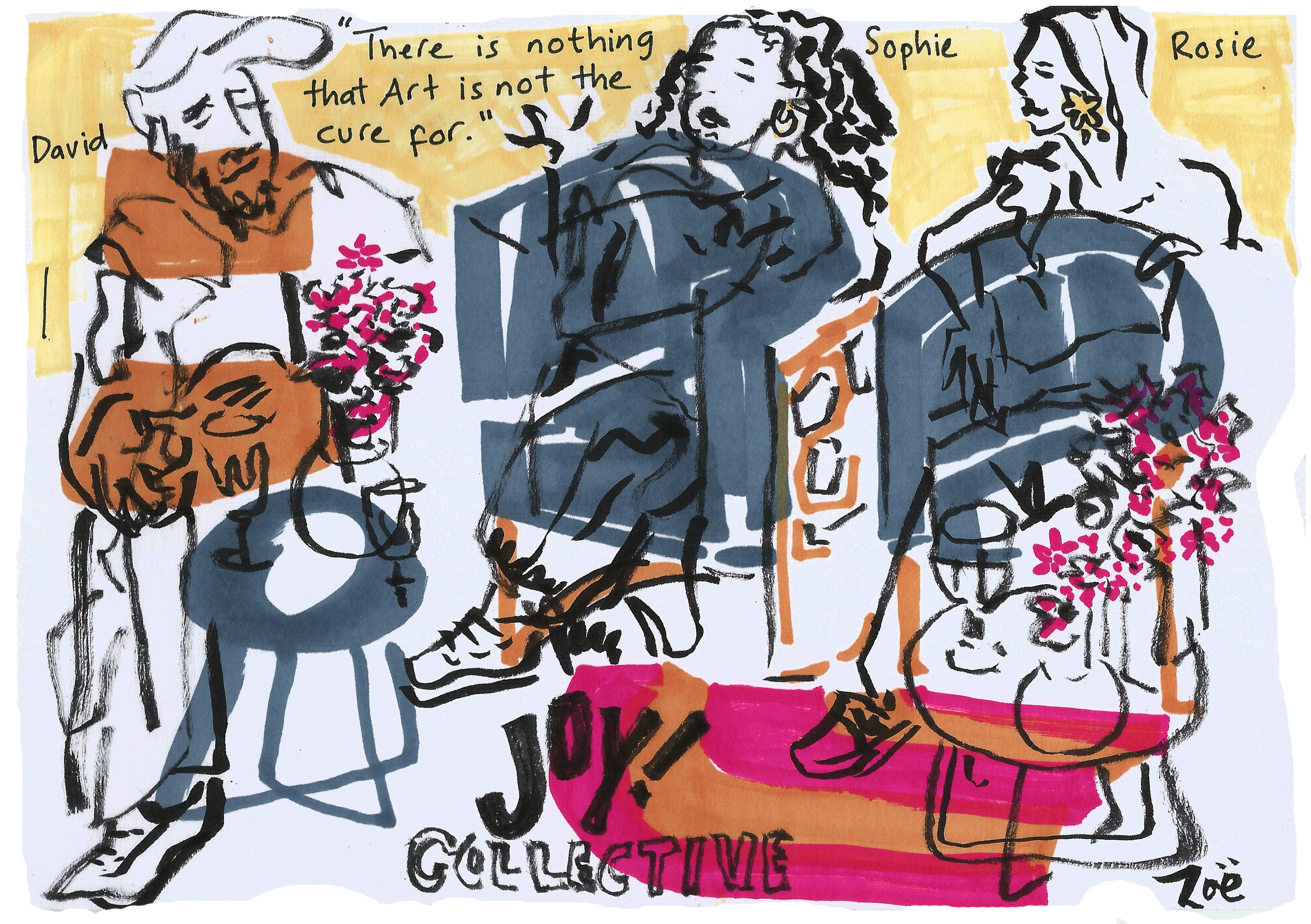 Graphic Recording created by hand live by Zoe Parker Illustration at a panel talk by David Speed and Joy Collective, sitting on chairs discussing the importance of art