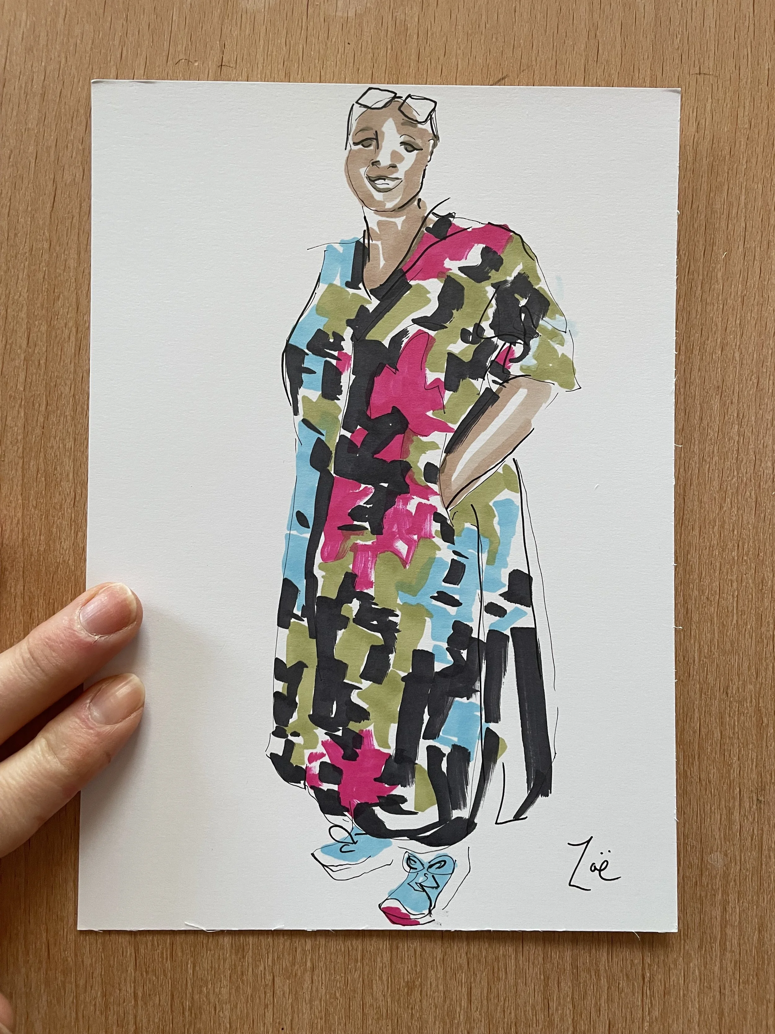 Bromley Ladies Who Latte Business Showcase Live Illustration woman in printed dress by Zoe Parker Illustration.JPEG