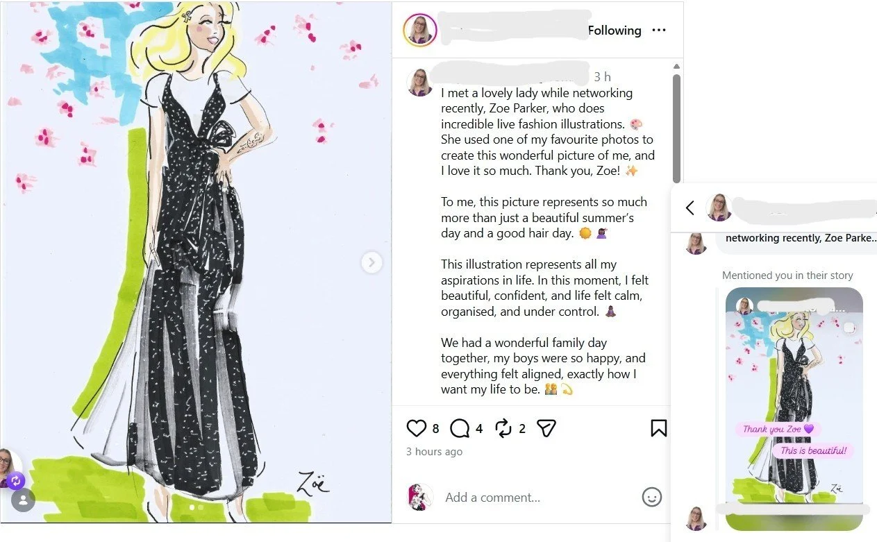 Testimonial from customer delighted by her fashion illustration portrait created by Zoe Parker Illustration