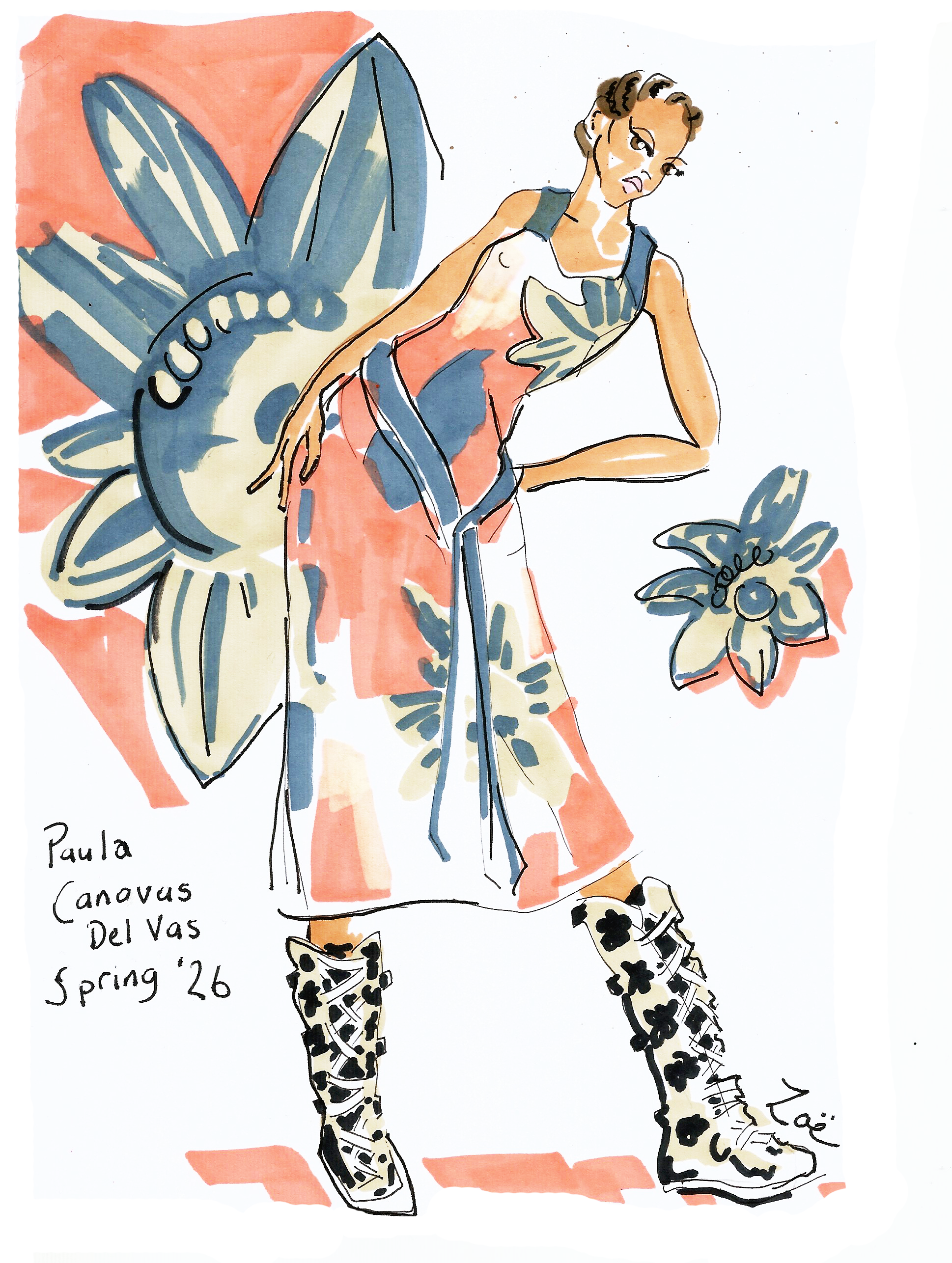 
Fashion illustration of a model in a coral dress with large blue and beige flowers, dynamic pose, fashion pose, zoe parker illustration of dress design by Paula Canovas del Vas for Spring 2026, fashion lookbook illustration, custom fashion artwork, 