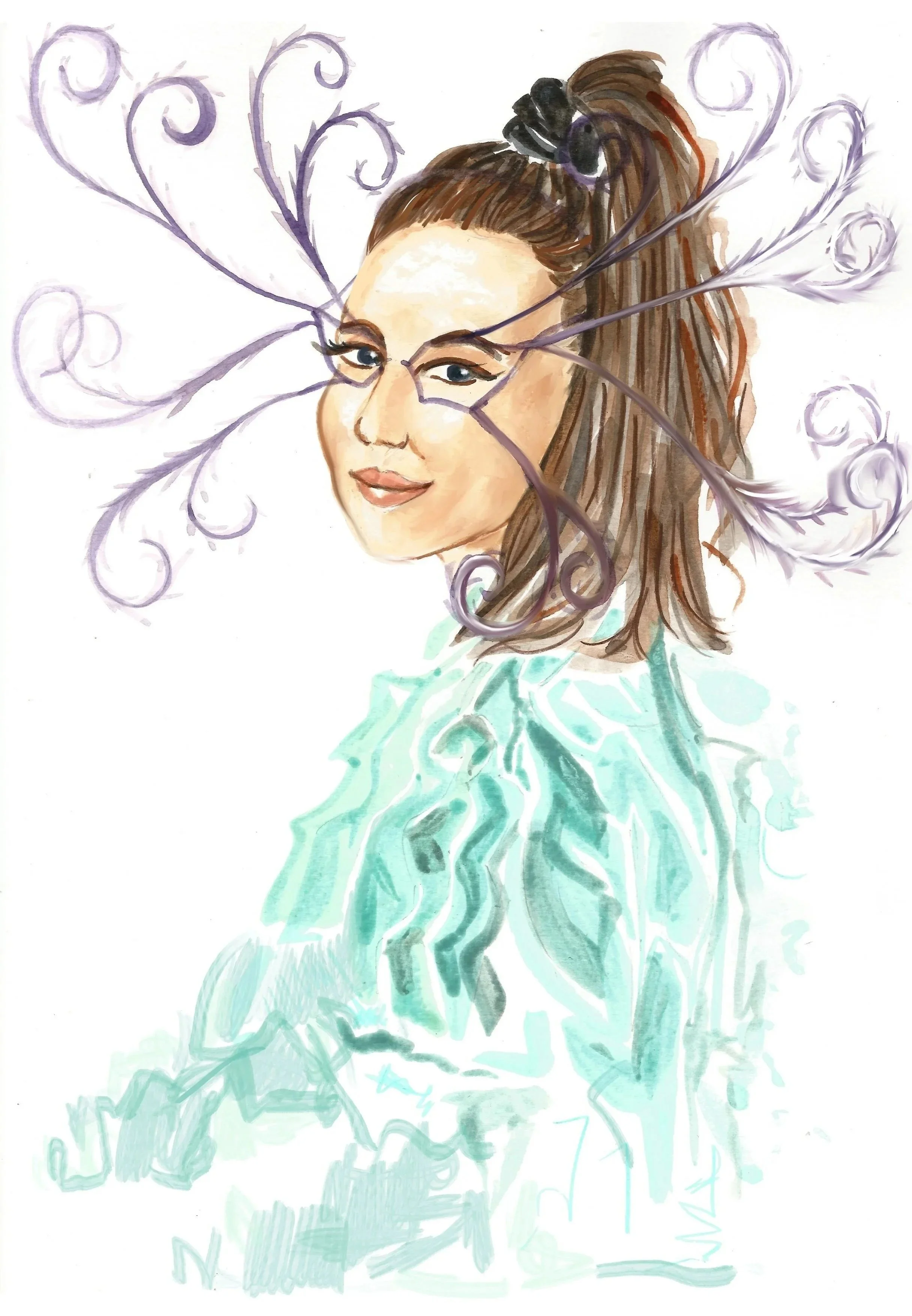A watercolor portrait of a young woman with brown hair in a high ponytail, winking, wearing a loose, light green top, with decorative purple swirls and abstract patterns around her head.