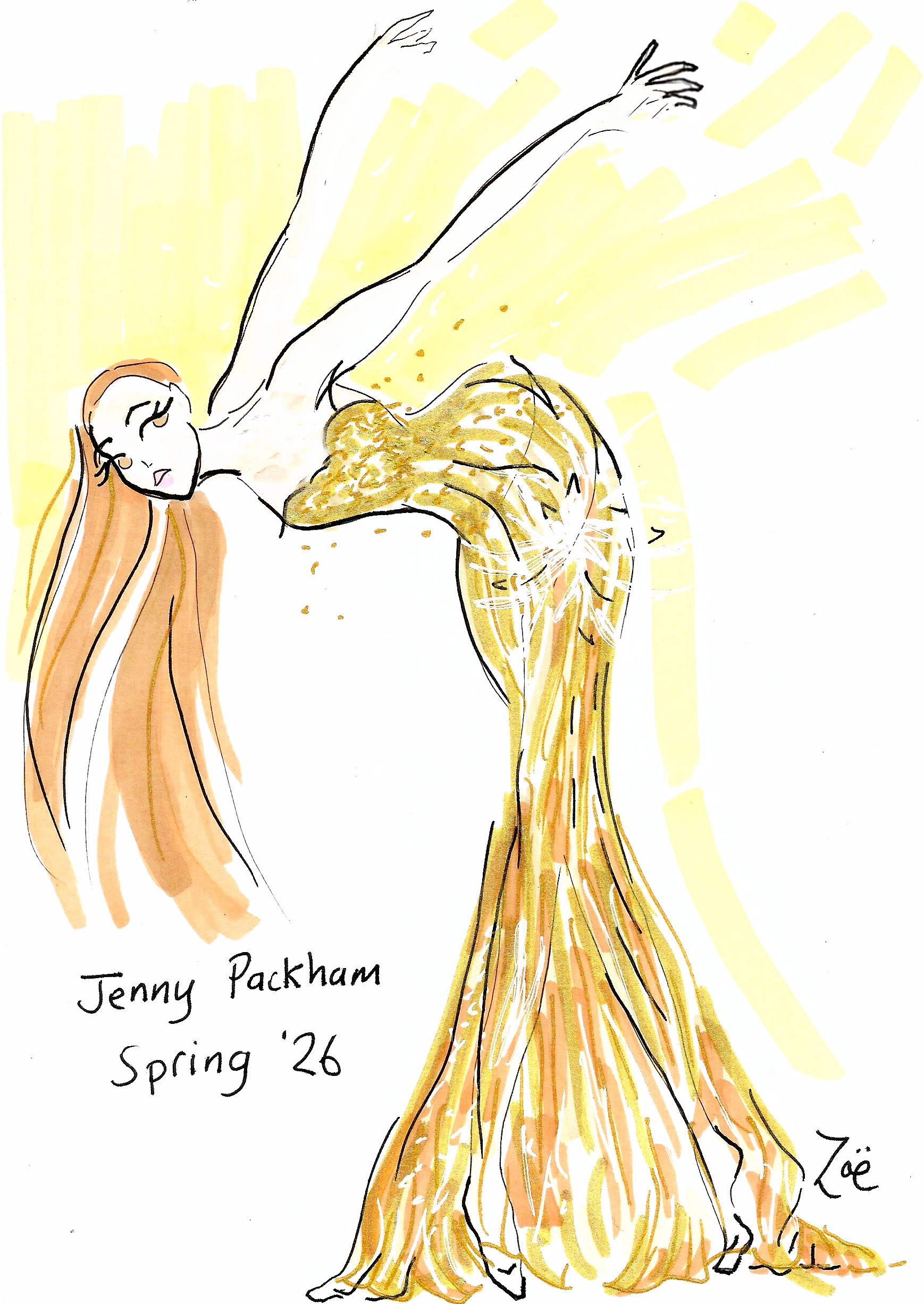 A fashion illustration of a woman with long red hair wearing a flowing gold and orange gown. The background is yellow with abstract streaks. The text reads 'Jenny Packham Spring '26' and is signed 'Zoë'.