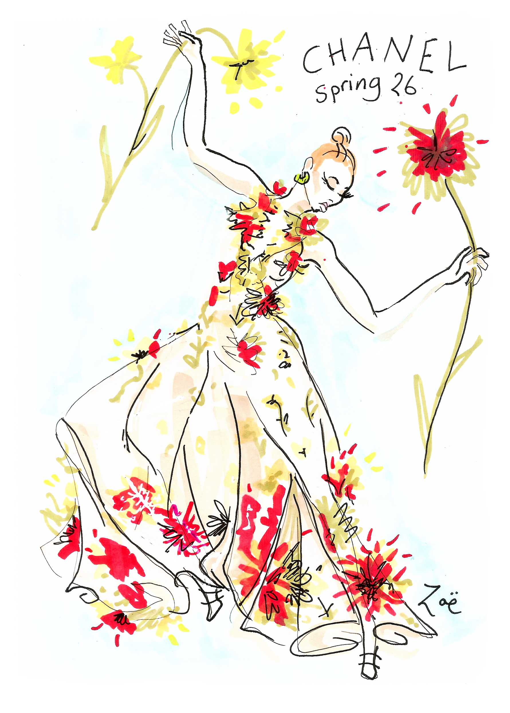 Fashion illustration of a woman in a floral dress holding yellow and red flowers, with text reading, 'CHANEL Spring 26,' signed by Loe.