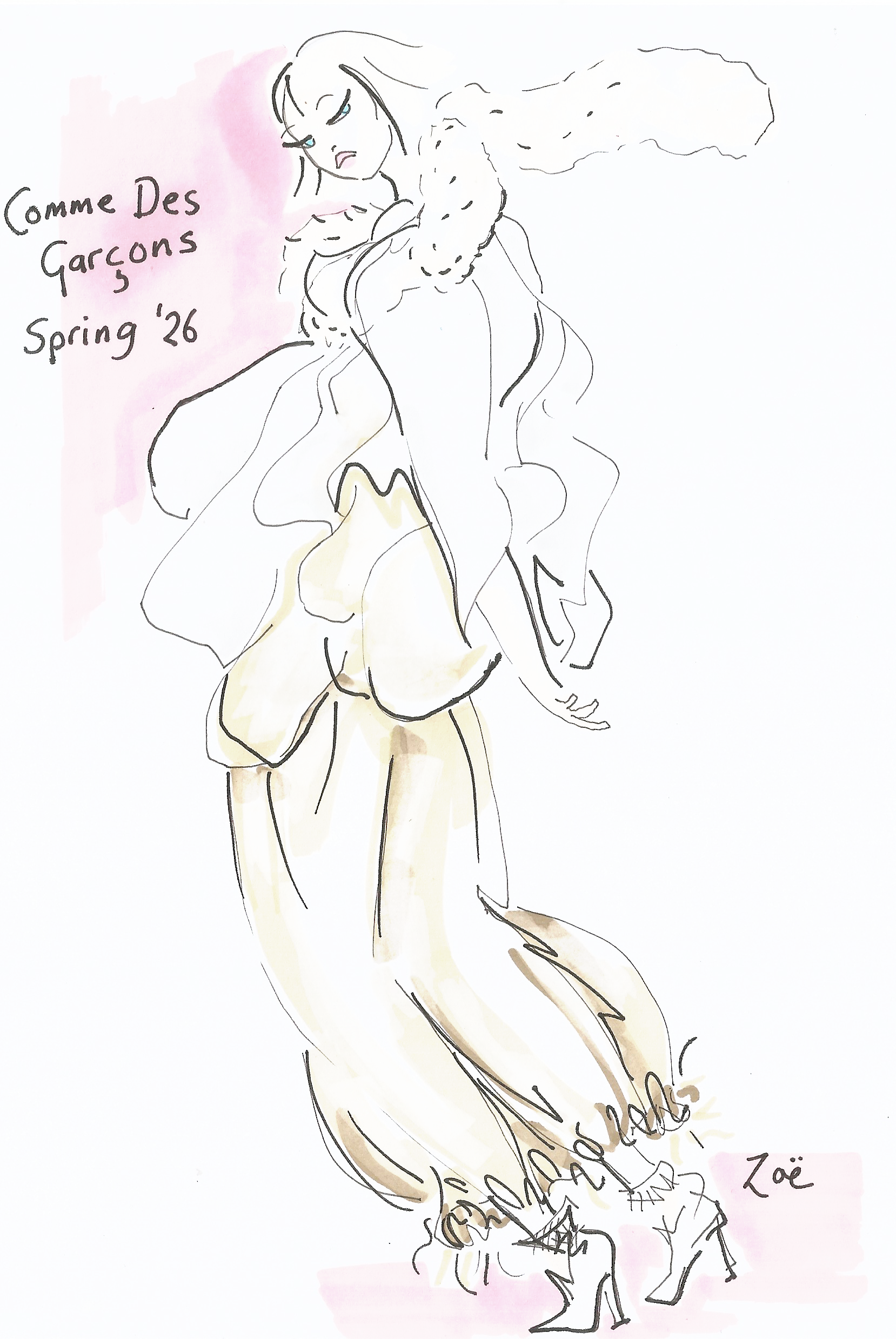 A fashion illustration of a woman in a luxurious coat with fur collar, high-heeled boots, and flowing pants, with hand-written text reading "Comme Des Garçons Spring '26" and the name "Zoé" at the bottom right.