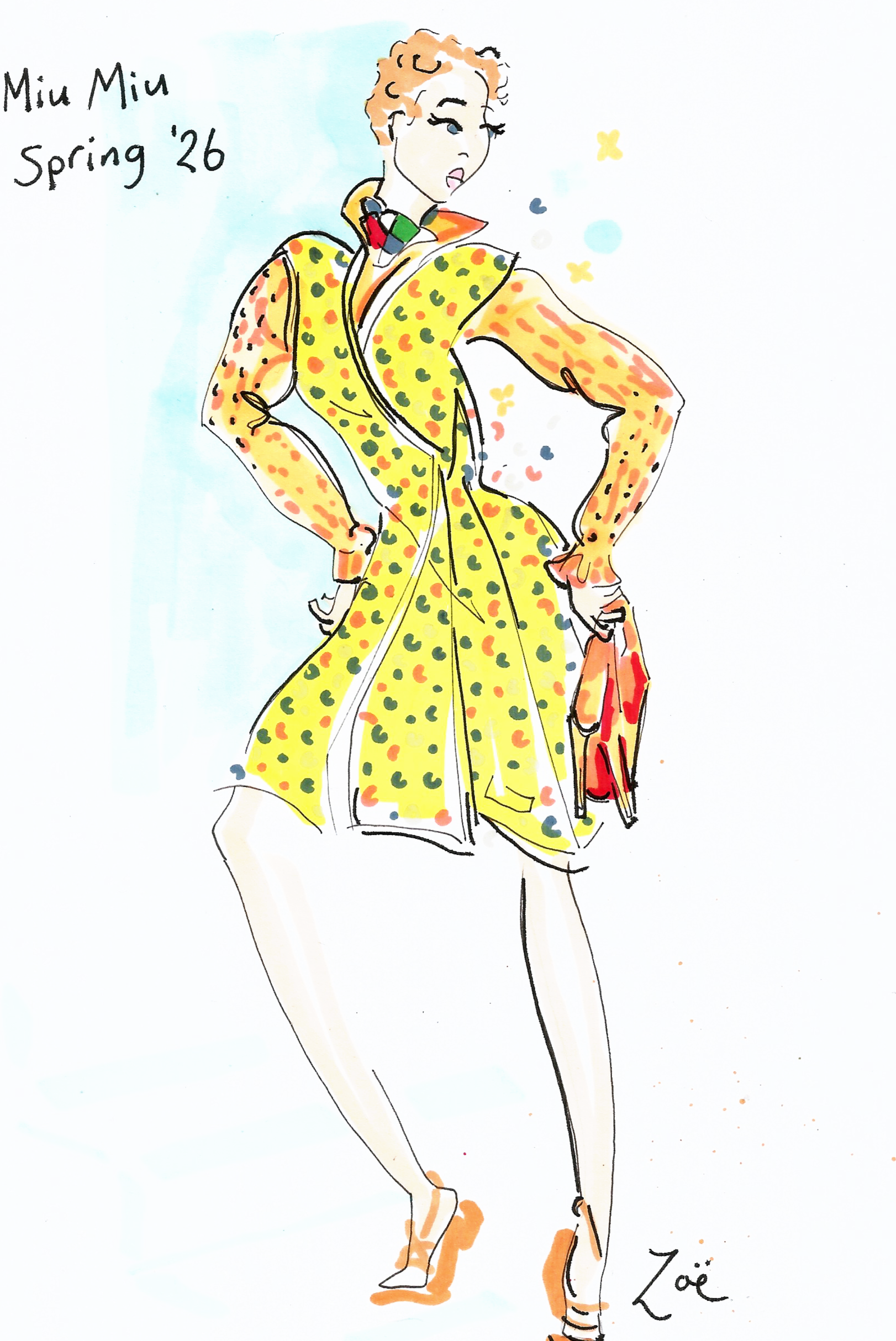 Fashion illustration of a woman wearing a yellow coat with colorful spots, holding a red bag, with handwritten notes 'Miu Miu Spring '26' at the top left corner.