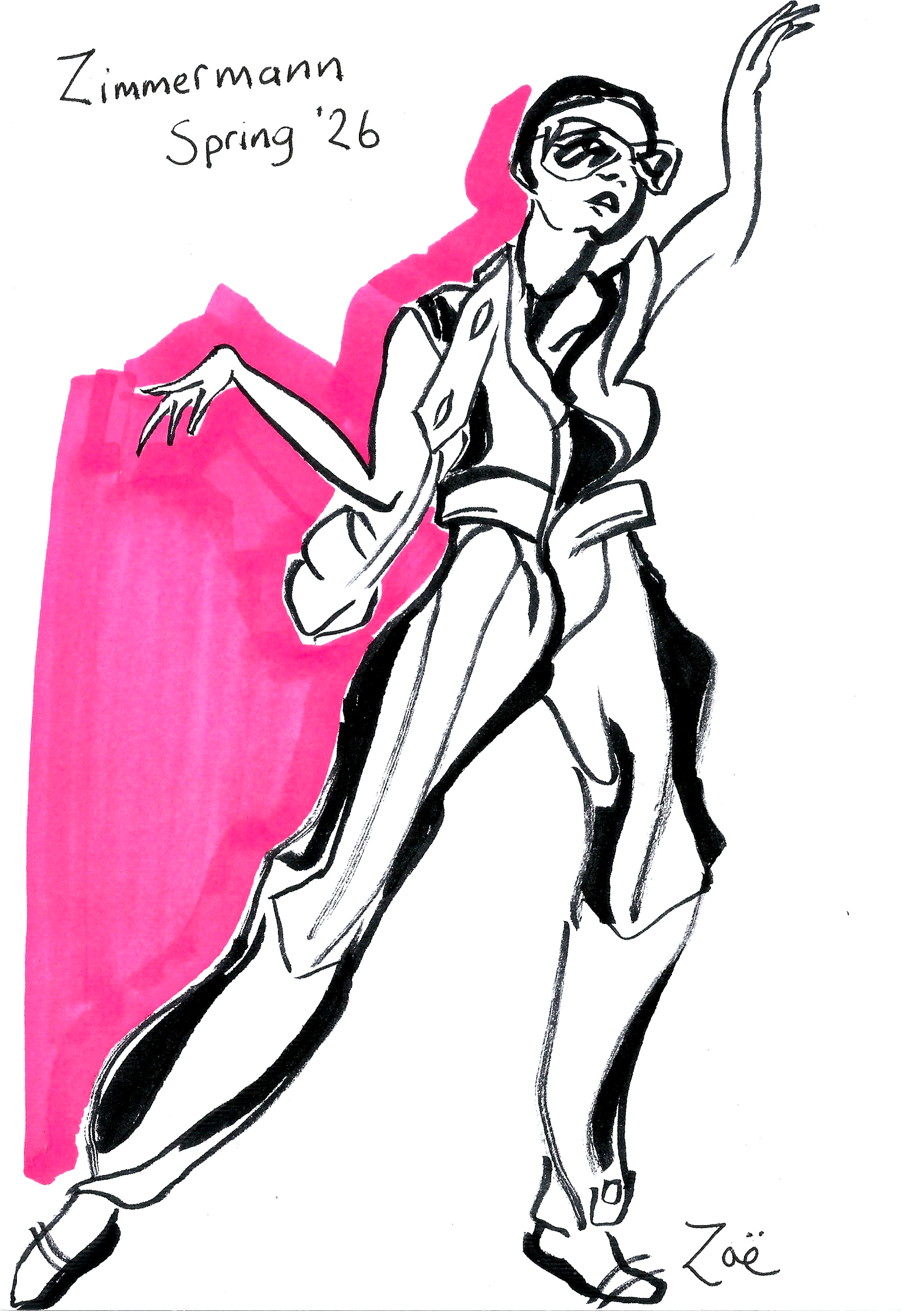 A fashion sketch of a woman in a dynamic dance pose, wearing sunglasses, a vest, high-waisted pants, and heels, with pink marker accents and handwritten notes 'Zimmermann Spring '26' and 'Zoë'.