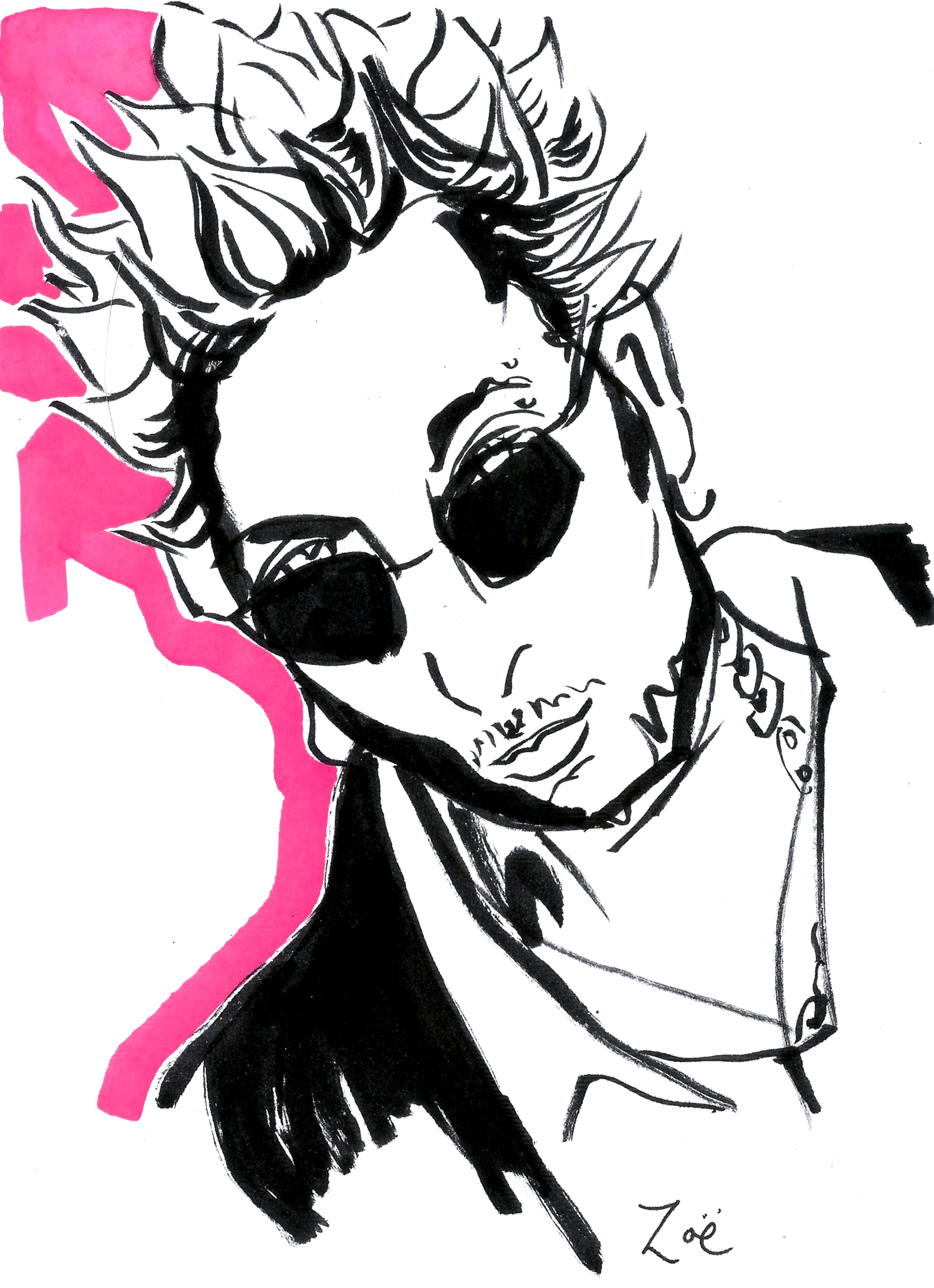 Black and white sketch of a woman wearing sunglasses, with her mouth open. She has spiky hair with pink highlights on the left side. The signature 'Zoe' is at the bottom right corner.