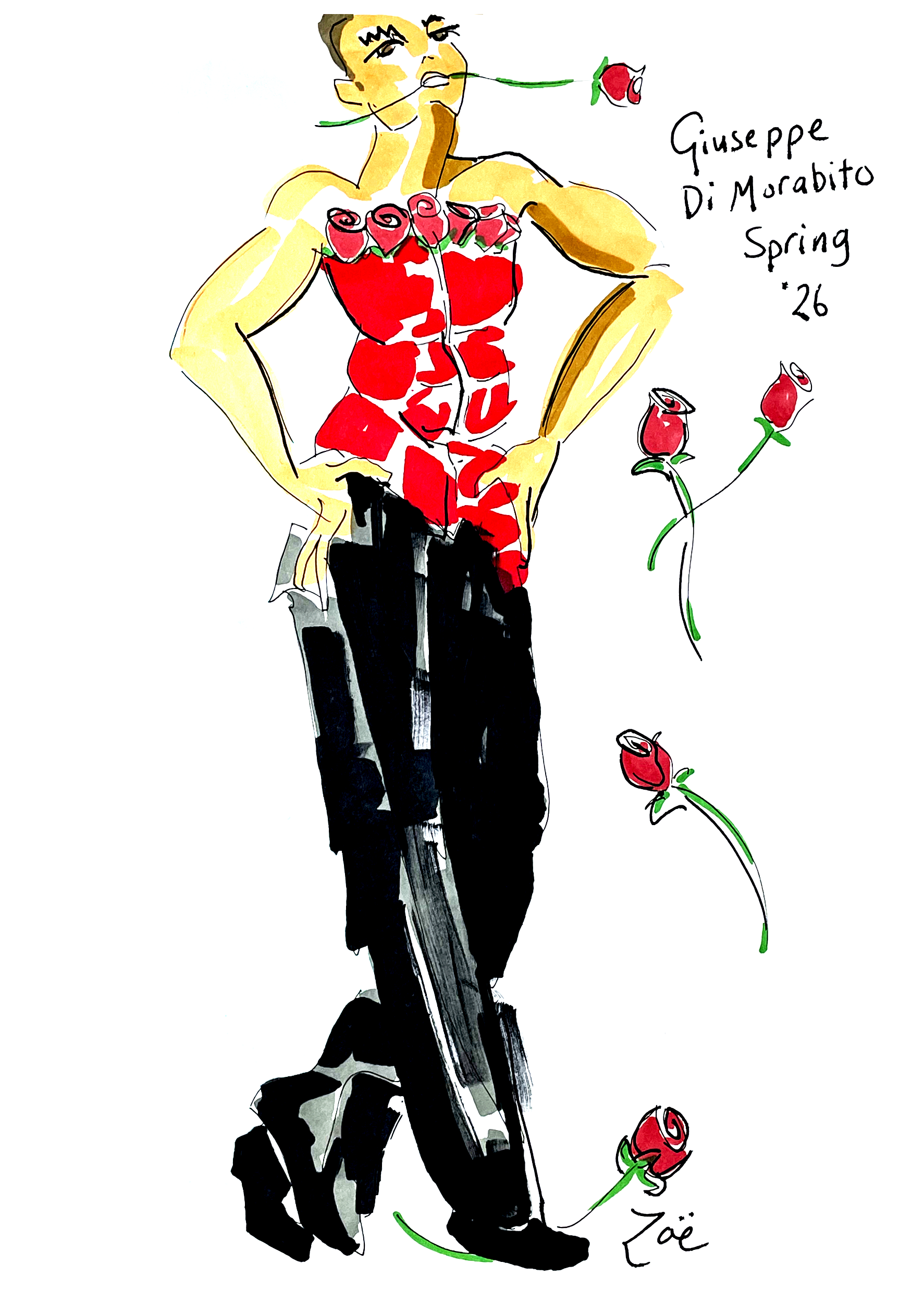 A colorful illustration of a muscular man wearing a red floral top with roses and black pants, holding a rose in his mouth. The artist's signature "Zoë" is at the bottom. The image includes handwritten text "Giuseppe Di Morabito Spring '26."