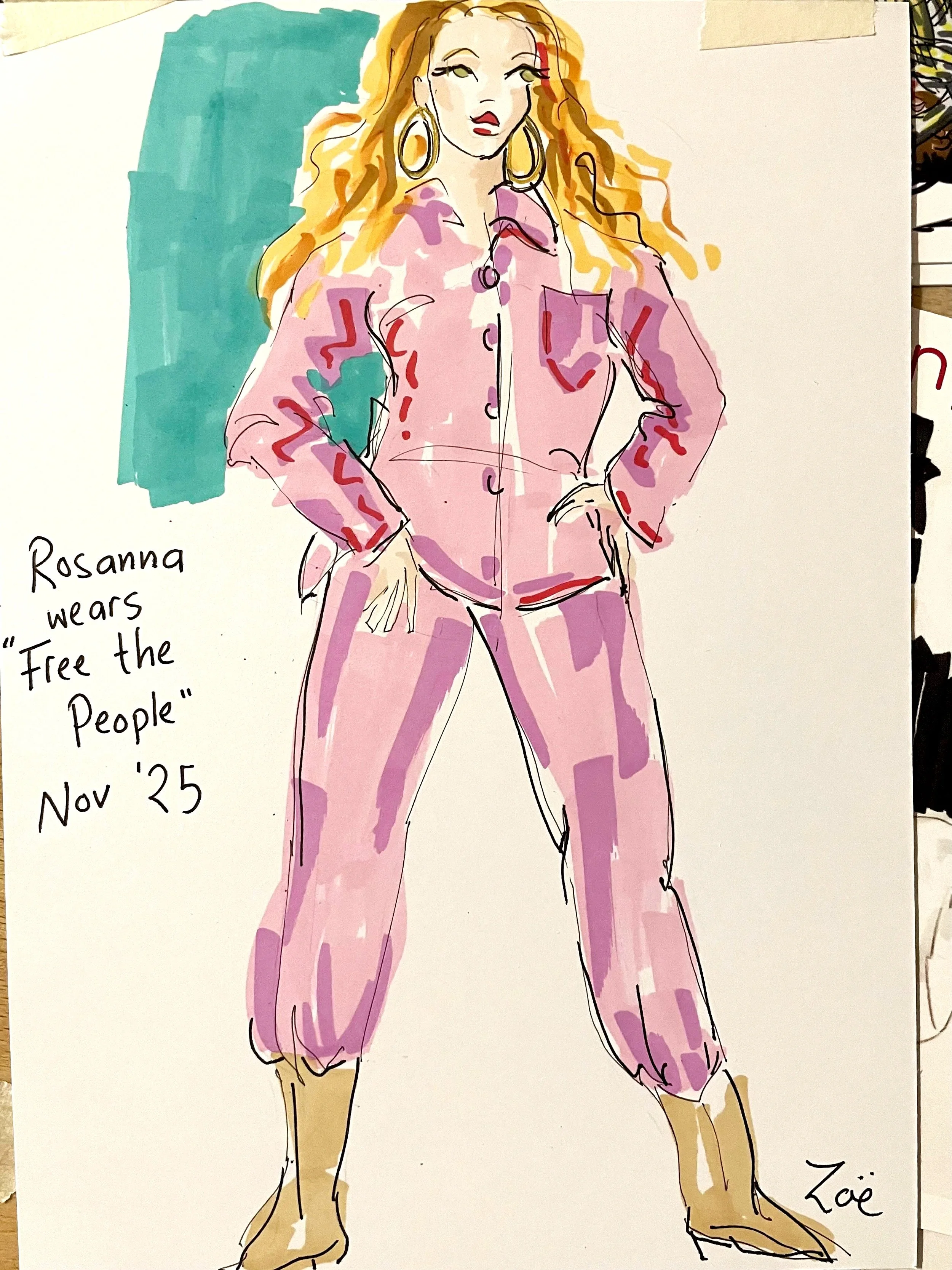 Live Guest illustration of a guest in a pink velour tracksuit, portrait of the guest in a superhero stance by Zoe Parker Illustration.