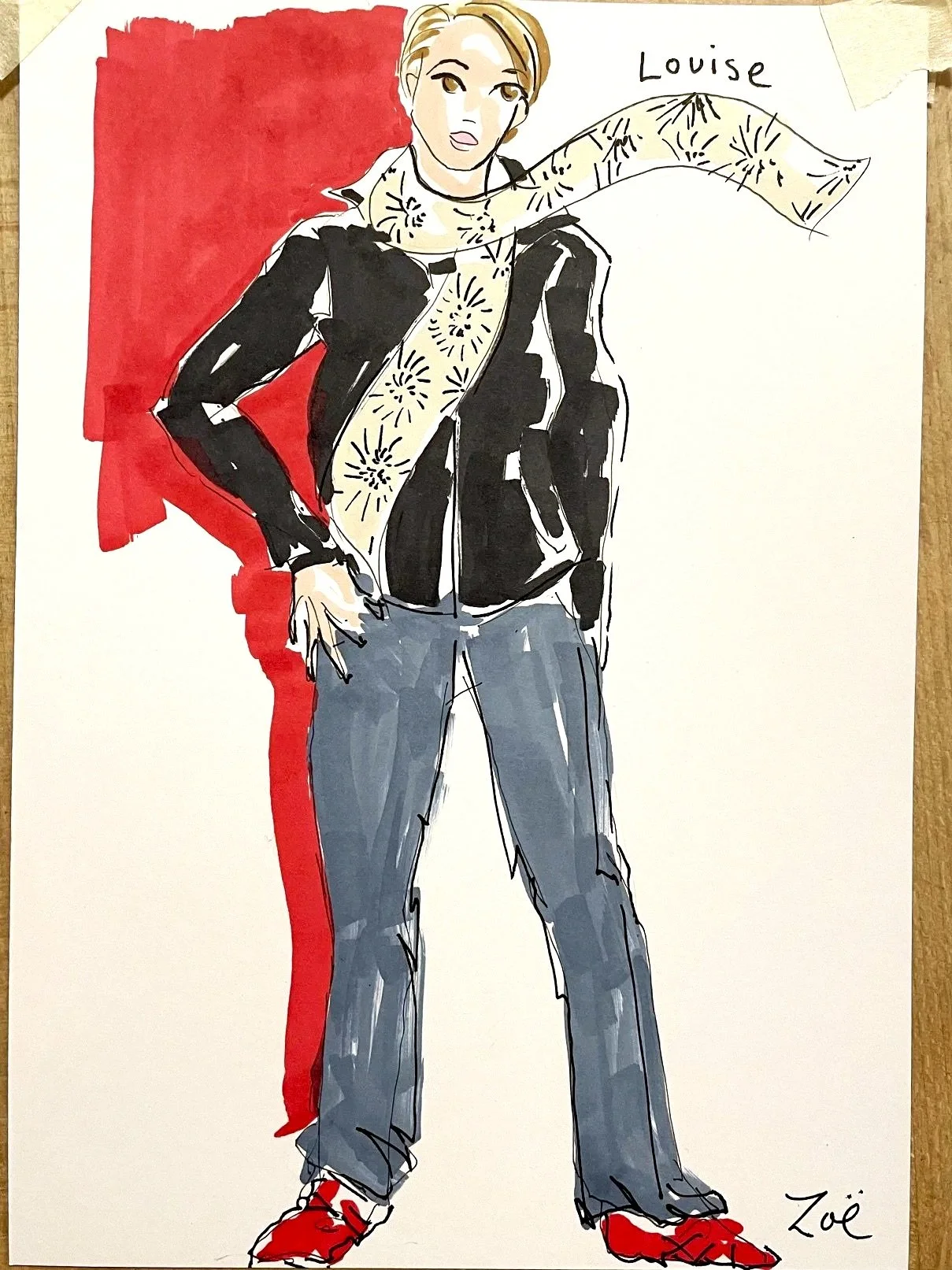 Portrait of guest in fashion illustration pose at at live event at the Paxton Centre in Crystal Palace. Guest looks cool in black jacket and jeans, with windswept scarf drawn by Zoe Parker Illustration