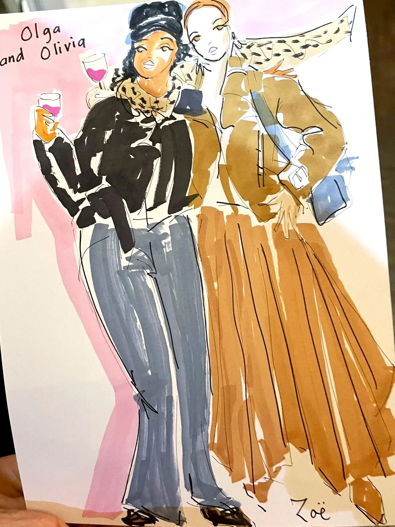 two fashionable guests drinking wine at a live event exhibition launch at the Paxton Centre, Crystal Palace. Drawn by Zoe Parker Illustration