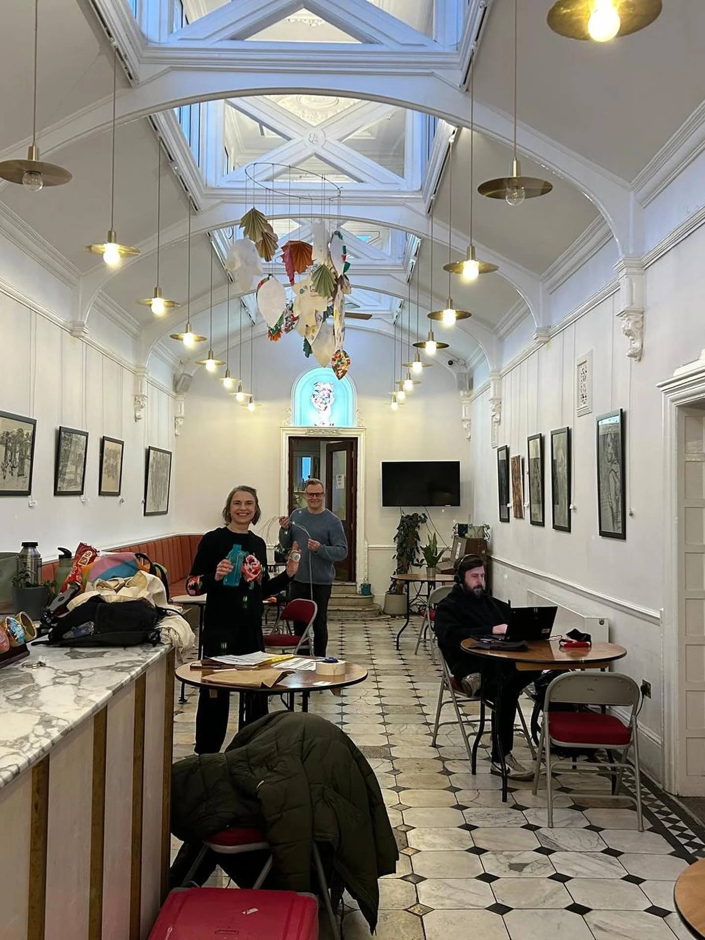 Zoe Parker illustration in the Stanley Halls gallery after setting up exhibition.jpg