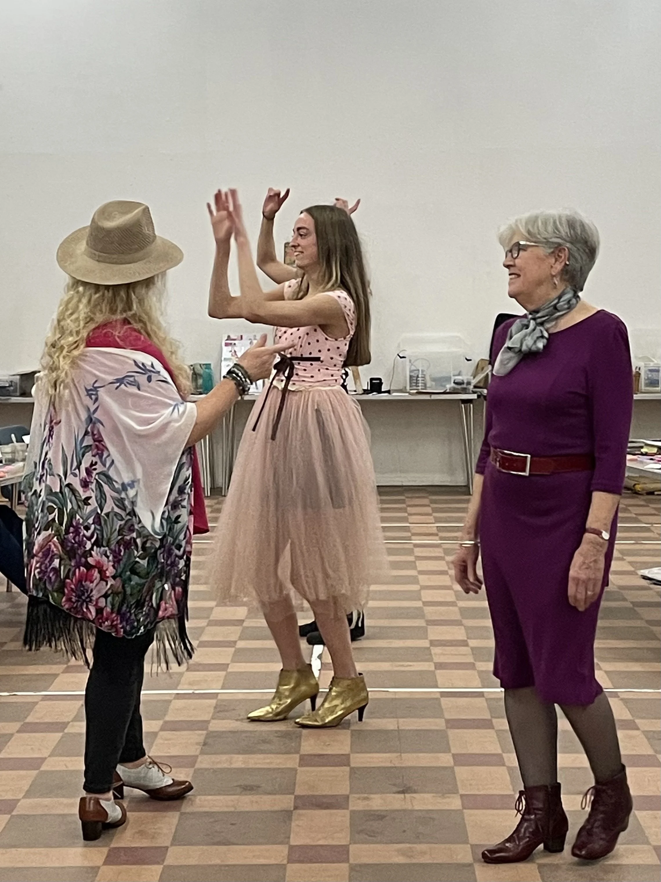 Models have a dance at Dress up and Draw fashion illustration workshop.JPG