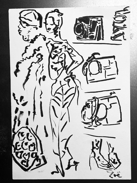 Nosakhari Glamorous couple and bags brushpen sketch.jpg