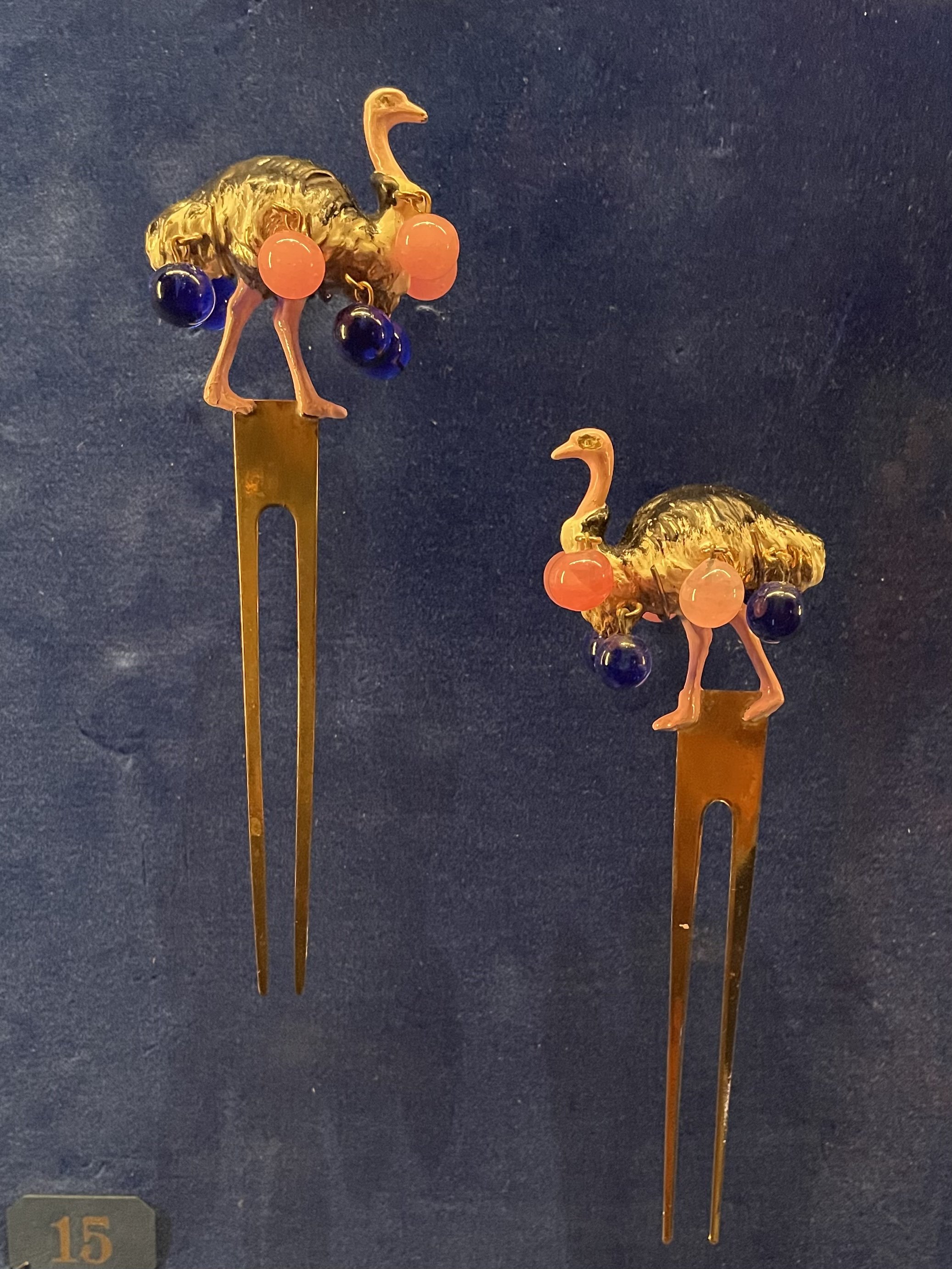 Schiaparelli ostrich pins with coloured globules golden jewells photo by Zoe Parker Illustration.JPEG
