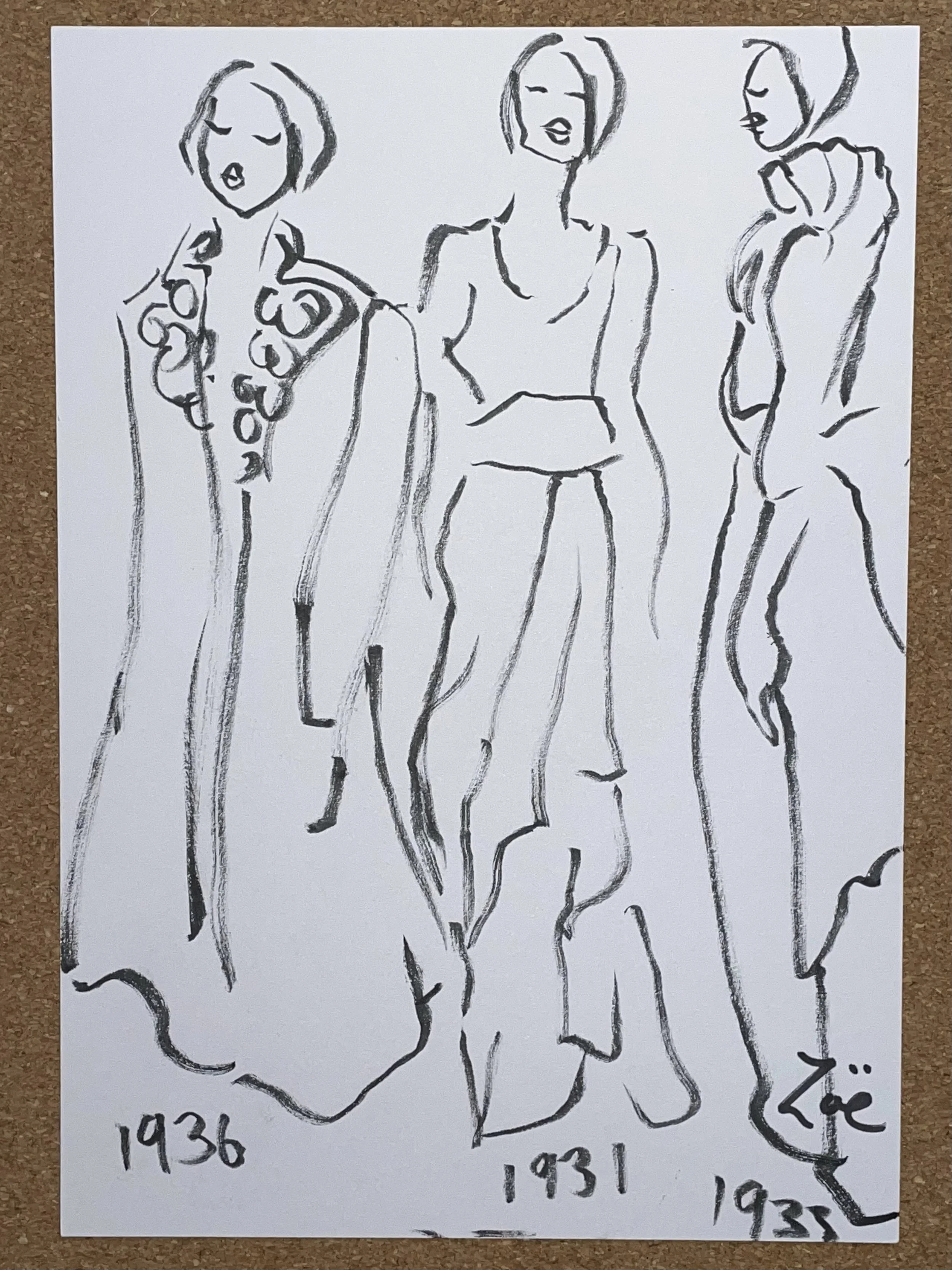 Schiaparelli  3  dresses early work 1931, 33, 36 outline sketches, exhibition sketch Zoe Parker Illustration.JPEG