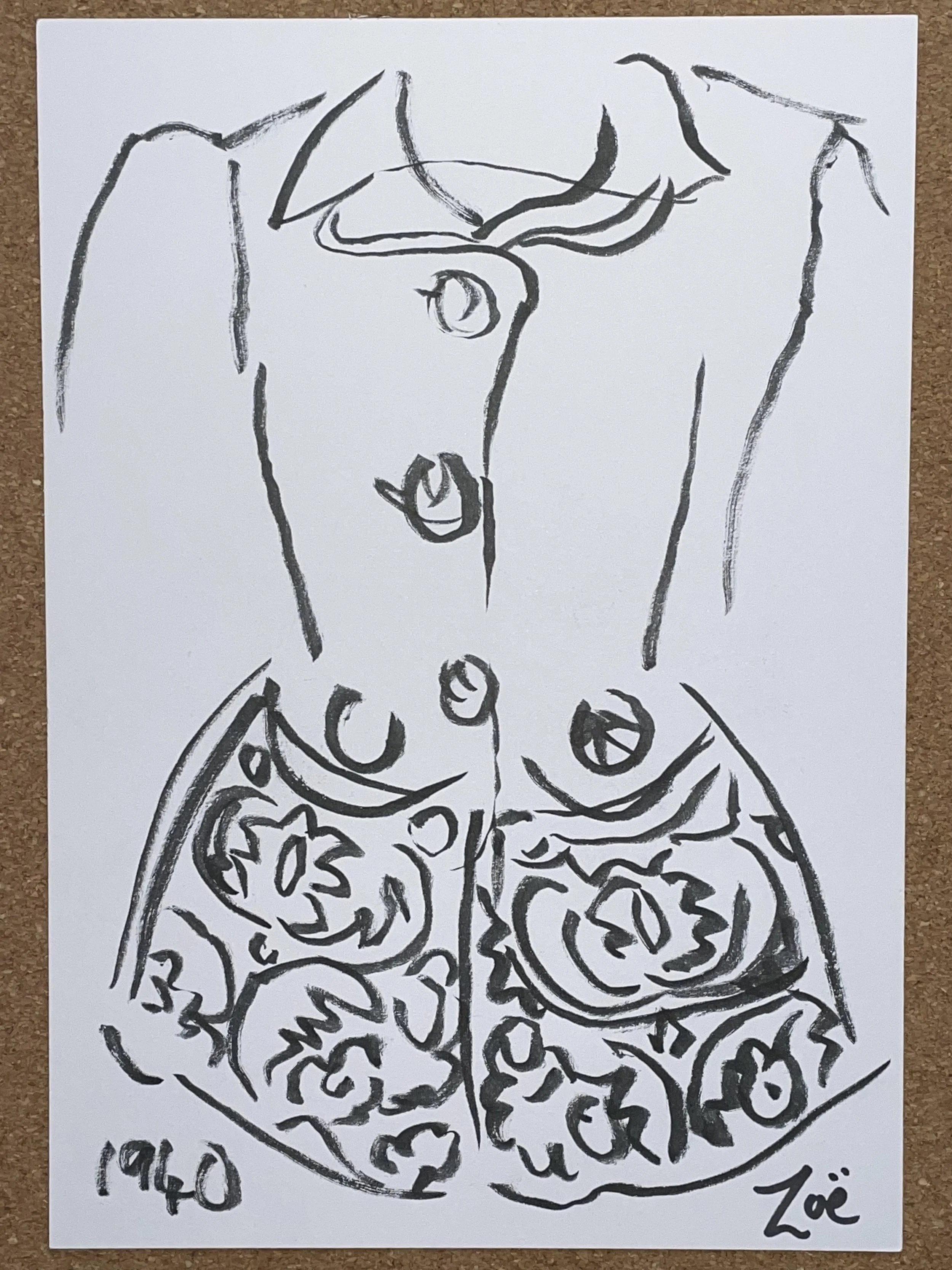 Schiaparelli  fitted jacket outline black jacket golden embroidery  exhibition sketch Zoe Parker Illustration.JPEG