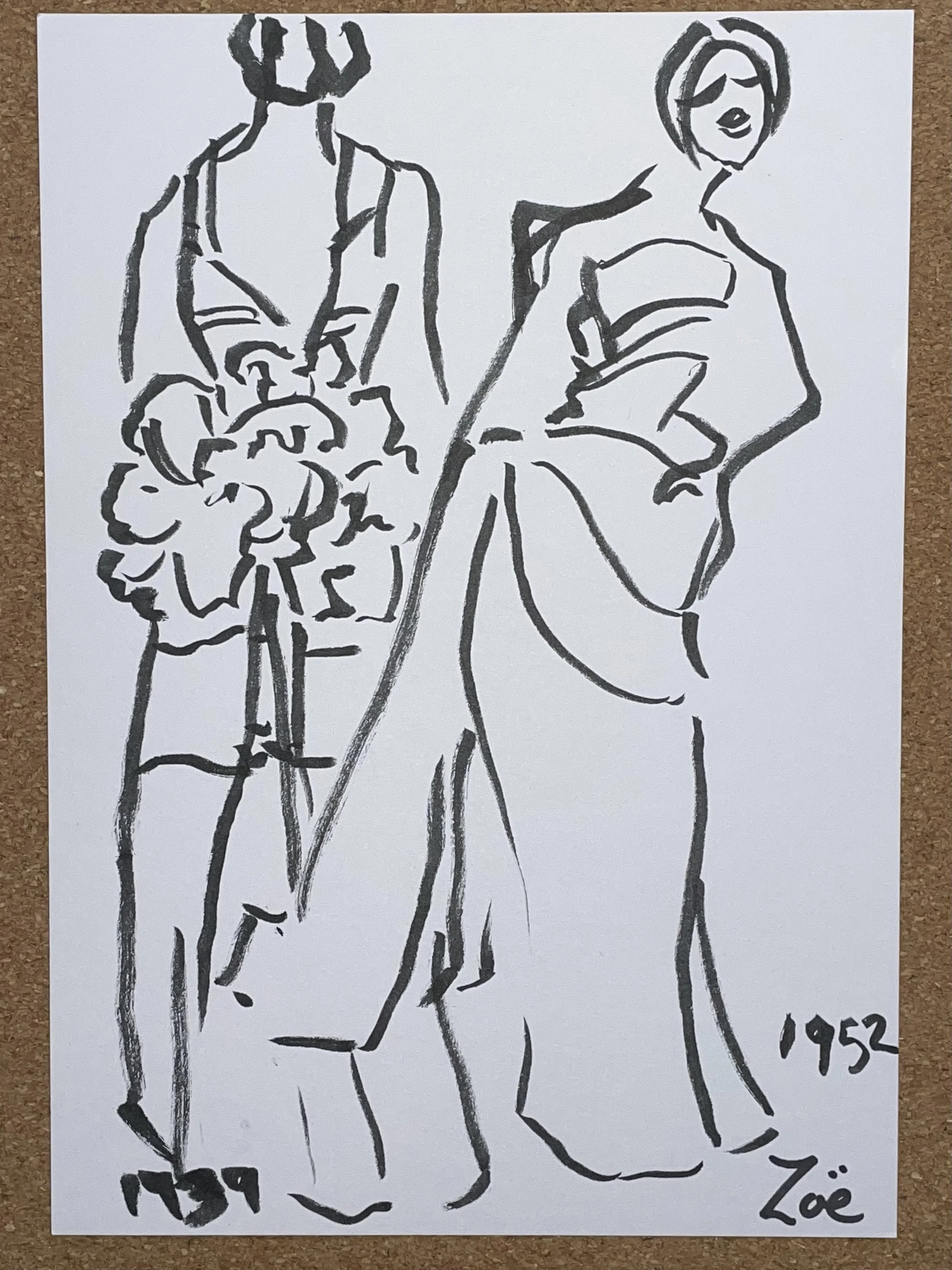 Schiaparelli  2 dresses outline sketches, dresses from 1939 and 1952 exhibition sketch Zoe Parker Illustration.JPEG