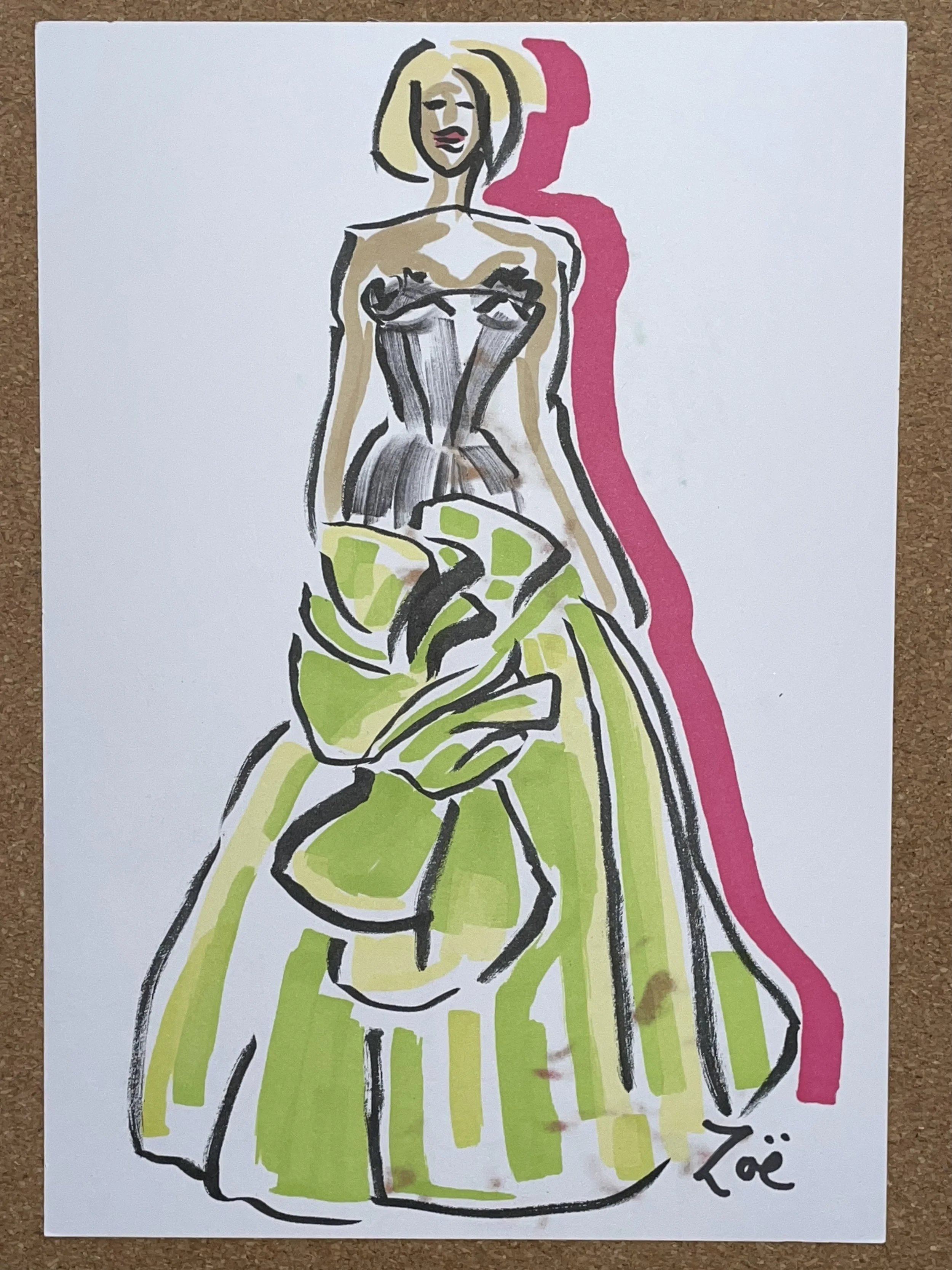 Schiaparelli green bow dress exhibition sketch Zoe Parker Illustration.JPEG