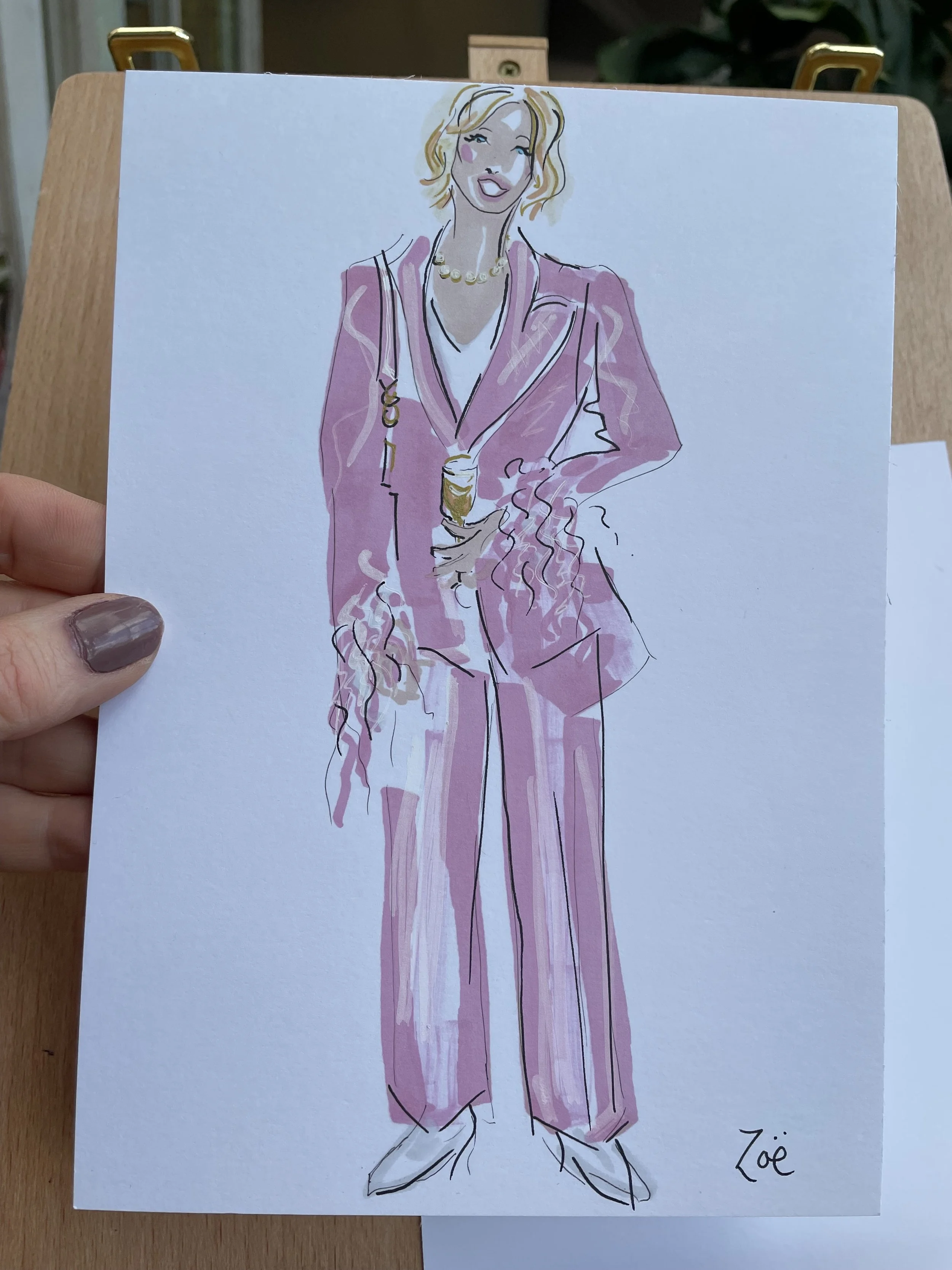 Zoe Parker Wedding Illustration drawing of mother of the bride in pink trouser suit.JPEG