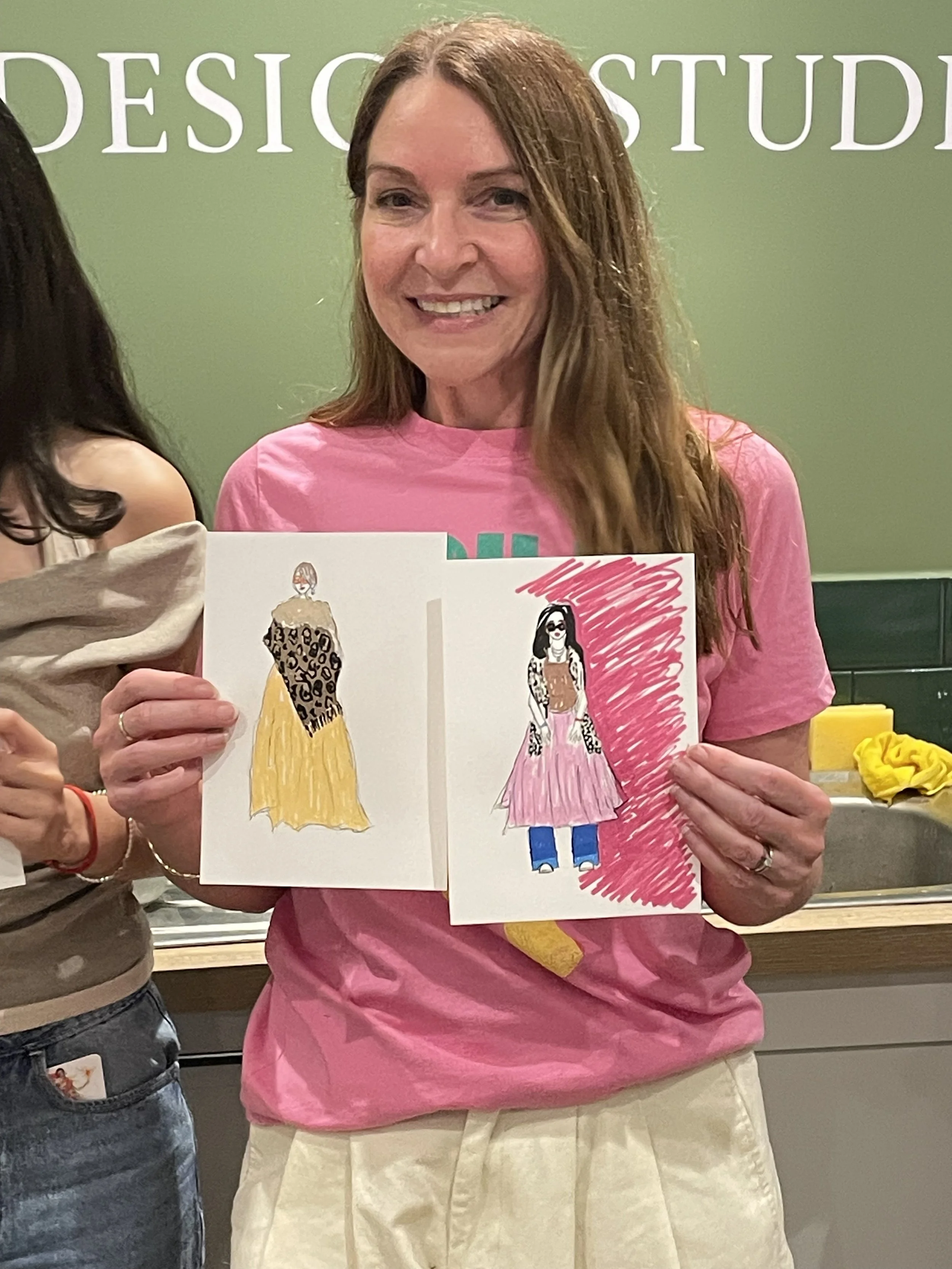 Gleeful participant with Completed fashion illustration at Dress Up and Draw Hive Zoe Parker Illustration.JPEG