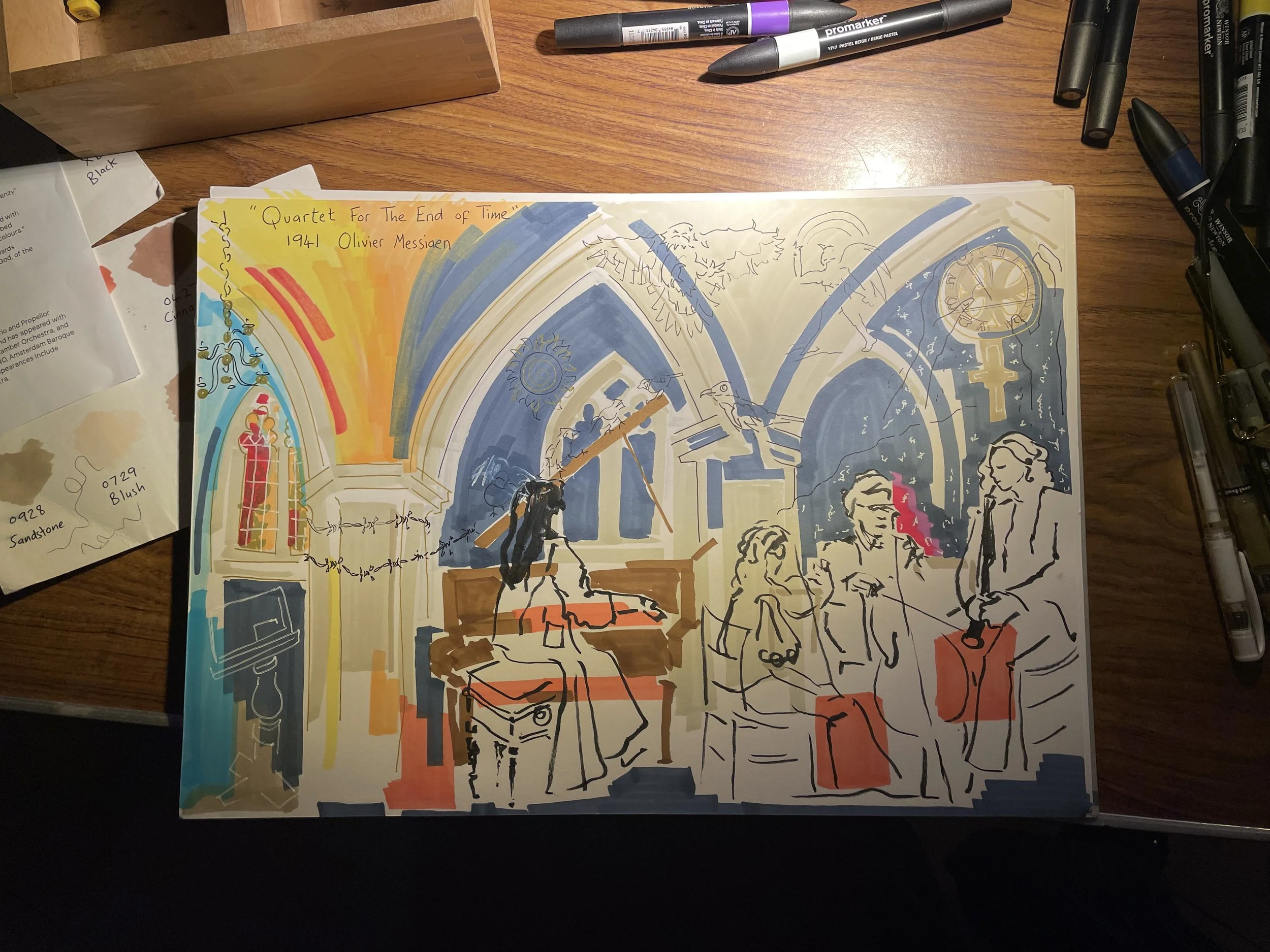 Drawing almost complete and pens at Coulsdon church for live illustration by Zoe Parker Illustration.JPEG