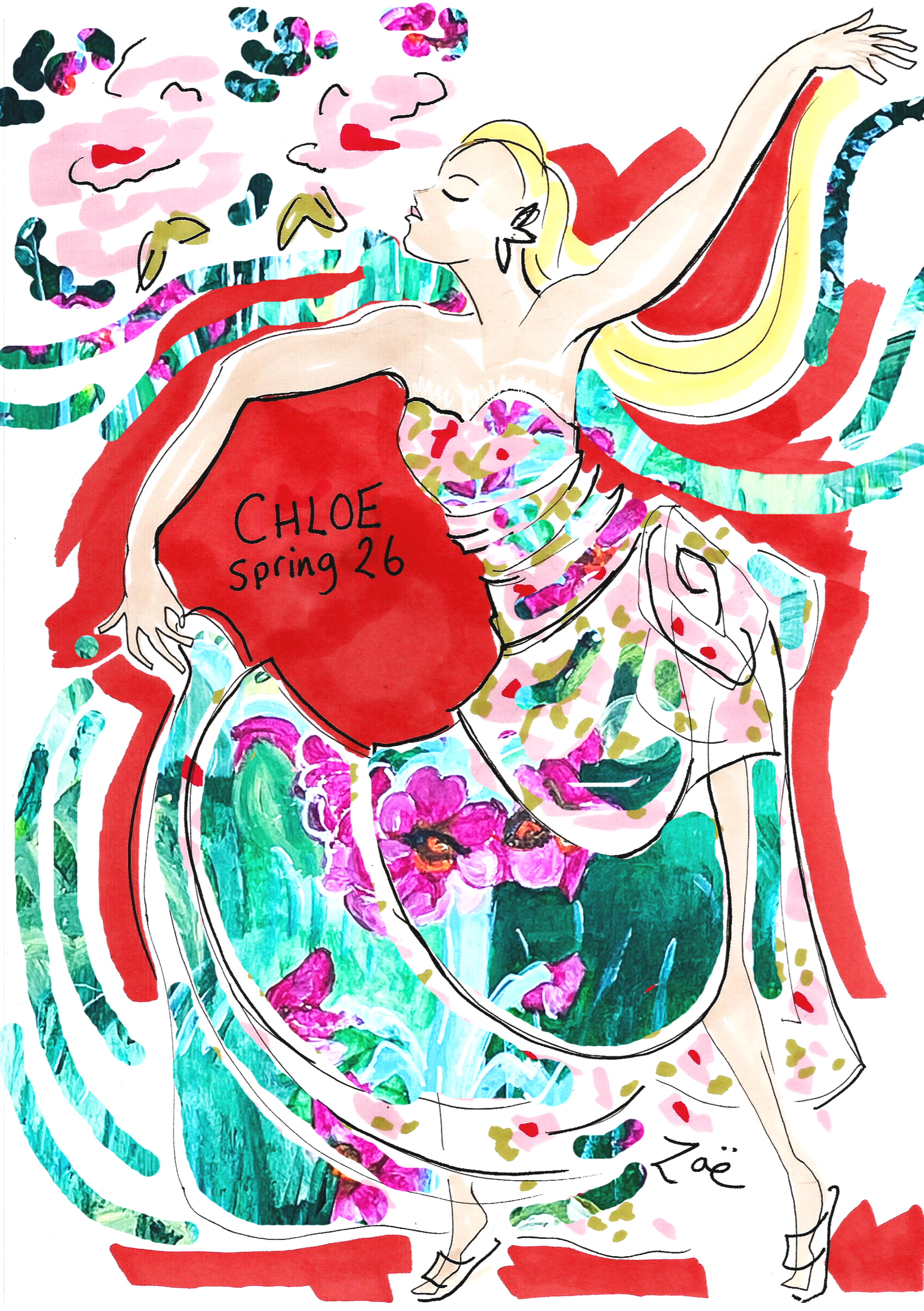 Fashion illustration featuring a mix of traditional drawing and a painting in the background. Photoshop has been used to put the two images together. A drawing of an outfit for the Chloe spring collection, the drawing is by Zoe Parker Illustration.
