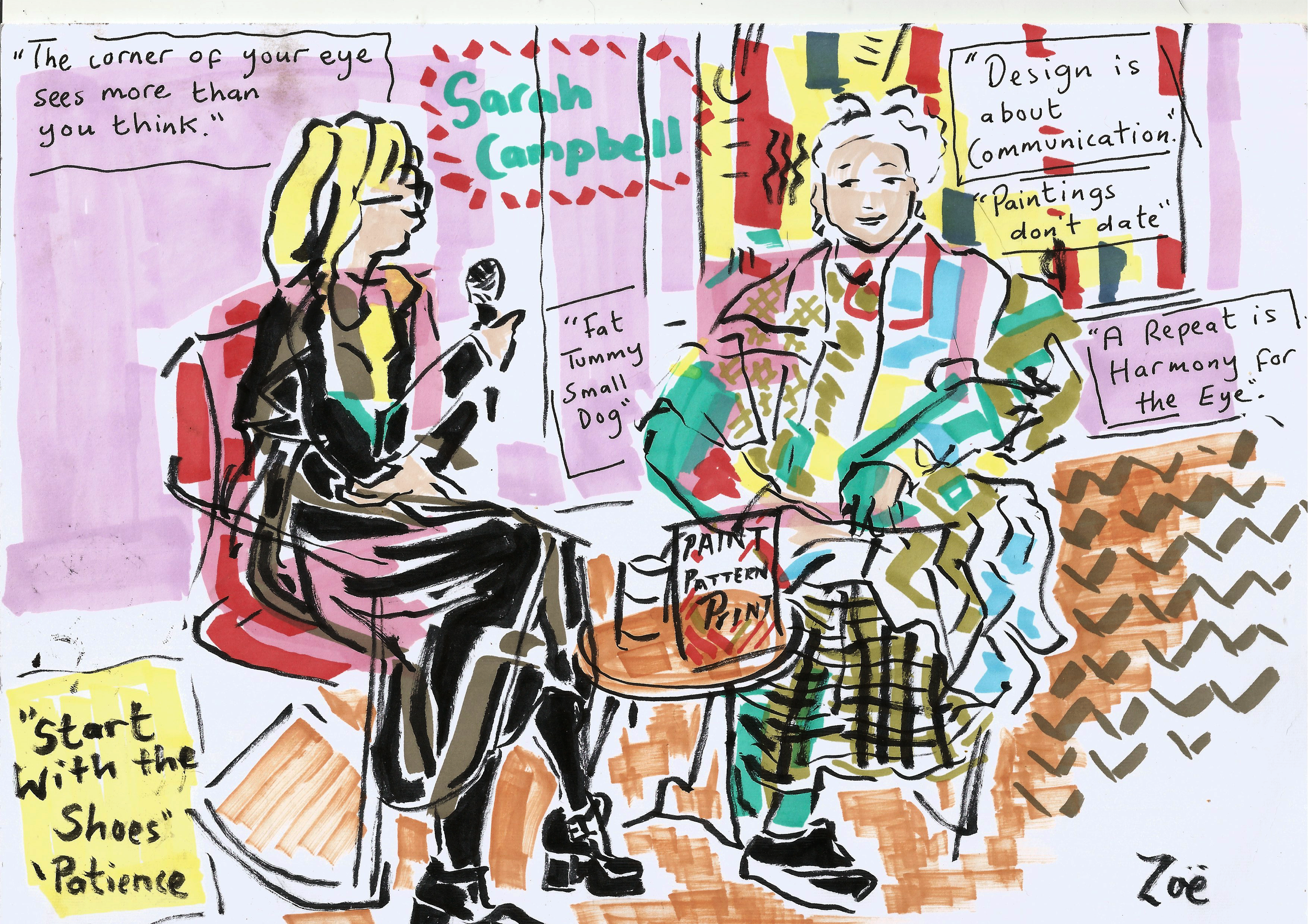 Zoe Parker Illustration drawing of Sarah Campbell being interviewed colourful patterns.png