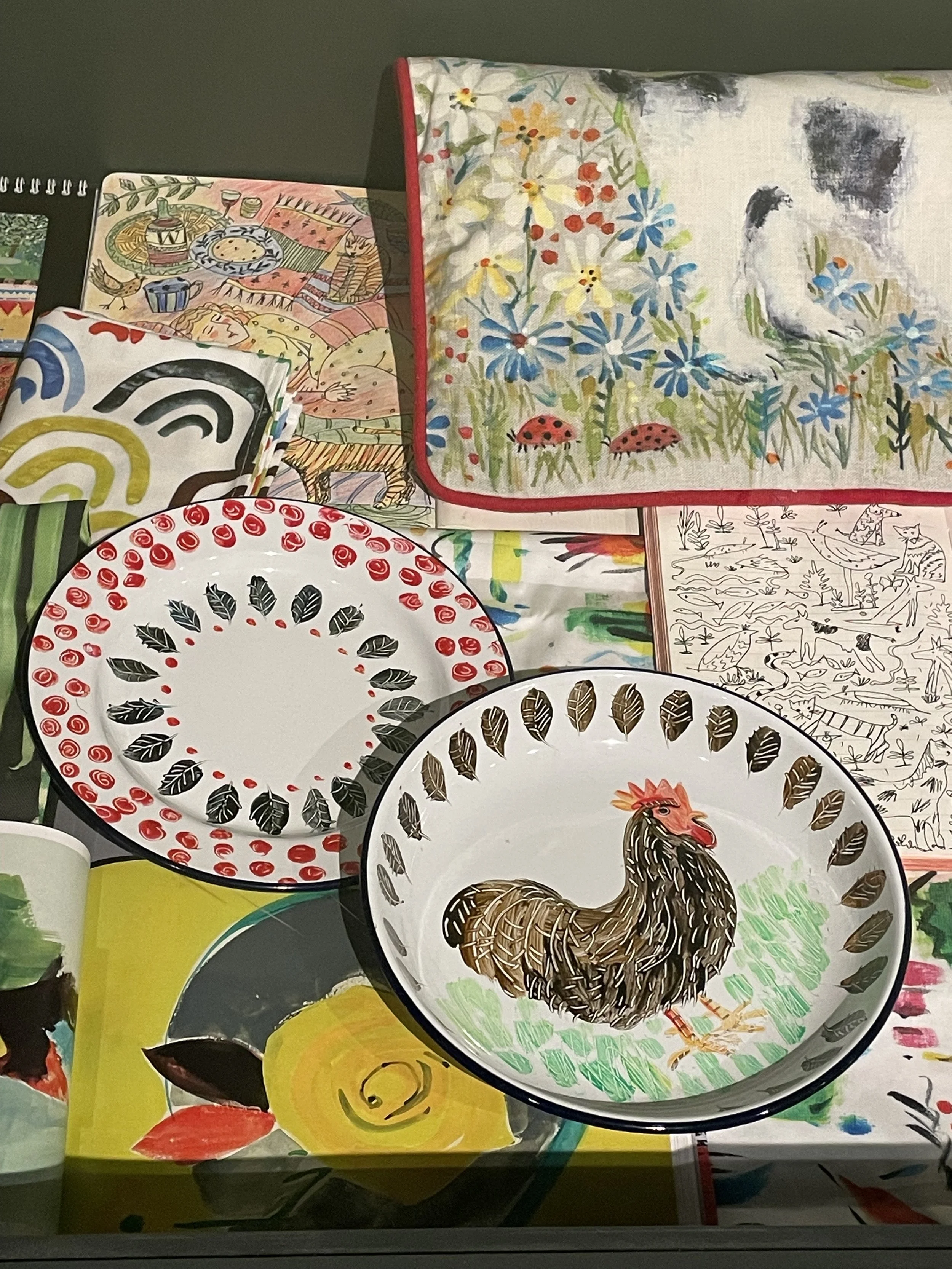 Printed and ceramic designs by Collier Campbell featuring cockerel.JPEG