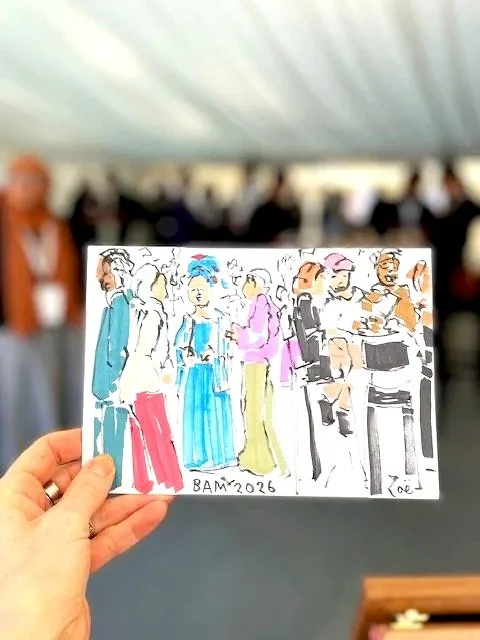 Live illustration of the crowd at British Academy of Management conference at Royal Holloway University. Drawn by Zoe Parker Illustration