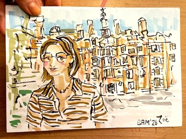 Live illustration of delegate at the British Academy of Management Conference. She is a researcher standing in front of Royal Holloway University. Drawn by Zoe Parker Illustration
