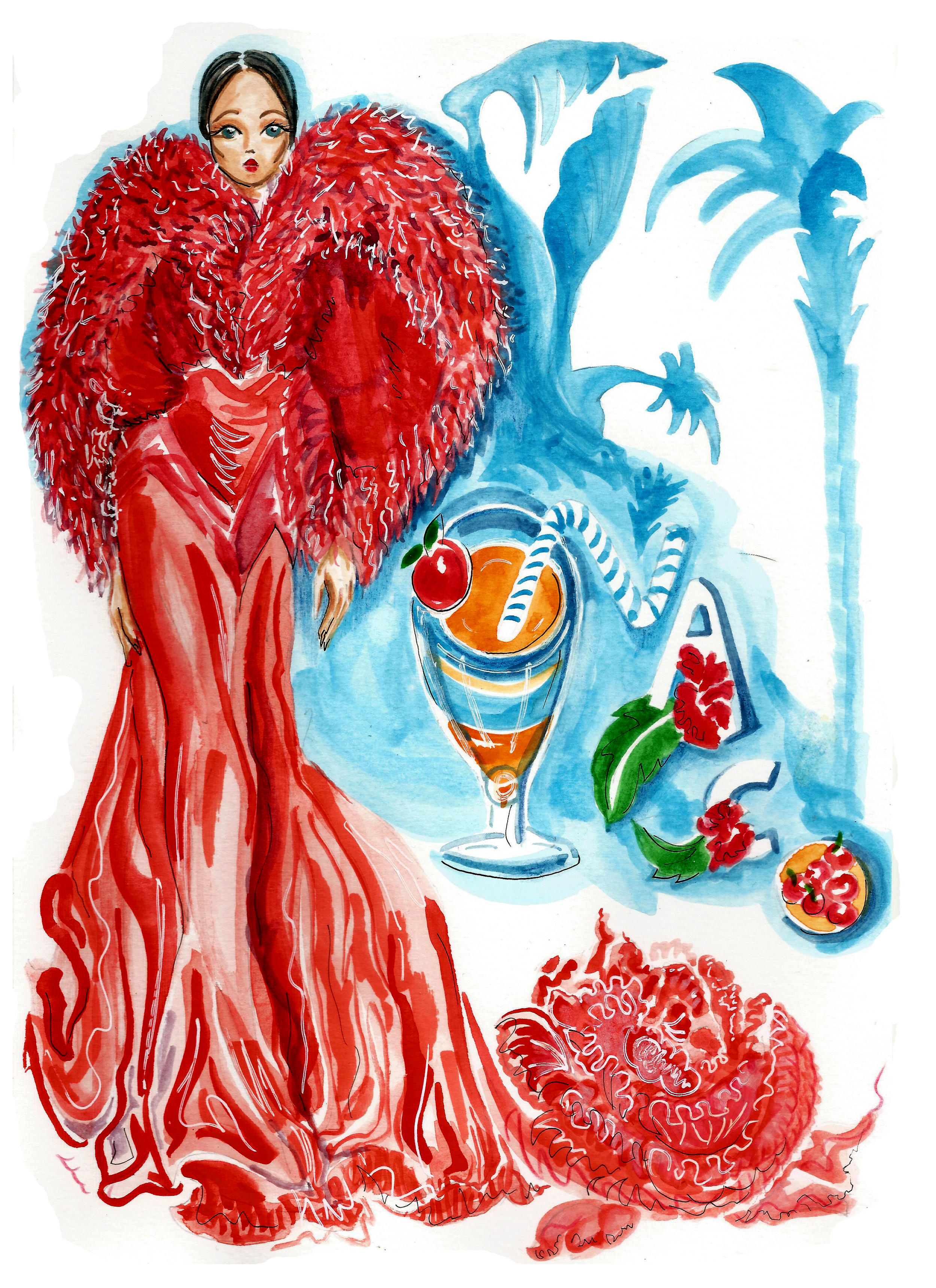 A watercolor illustration of a woman in a red gown and matching large feathered coat, standing next to a tropical drink with a cherry and striped straw, surrounded by tropical leaves and flowers, with a bright blue background.