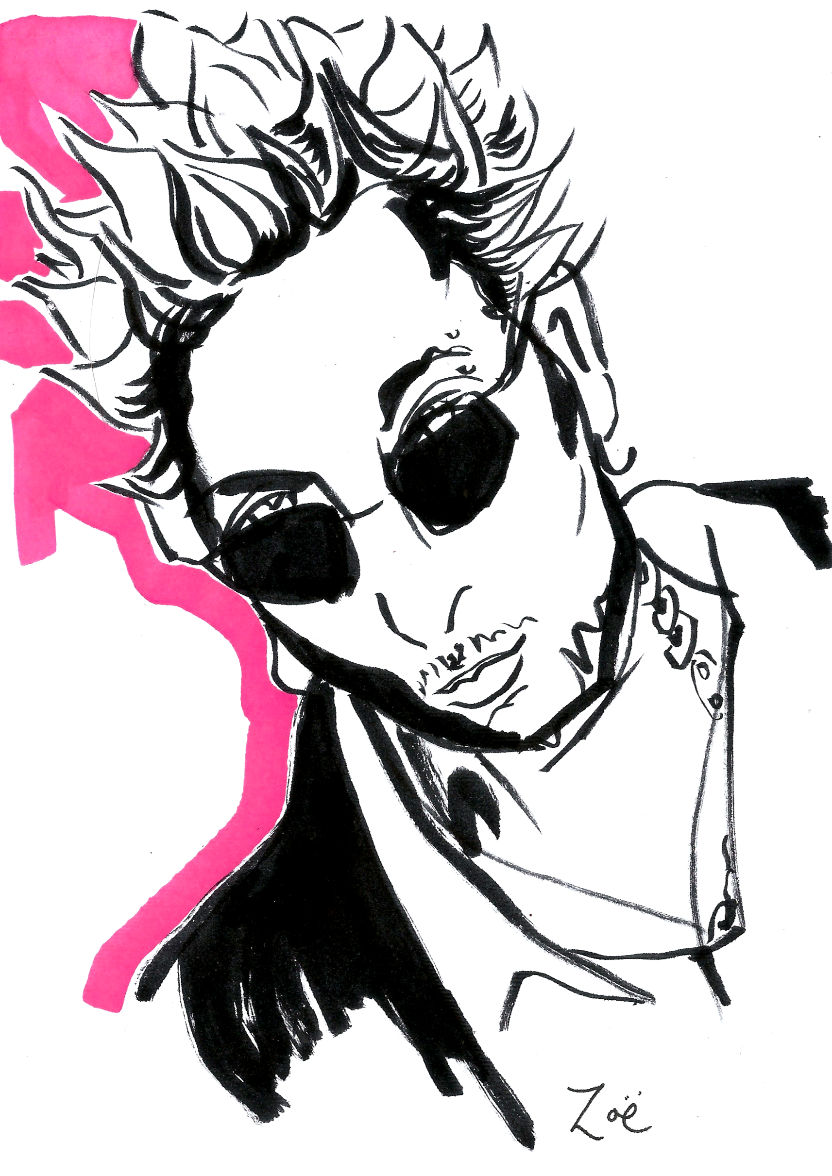 brushpen drawing of influencer Yung Alyy, Aly Meghani by Zoe Parker Illustration. Drawn in black brush pen with a magenta outline. Portrait close up of face, fashion sketch