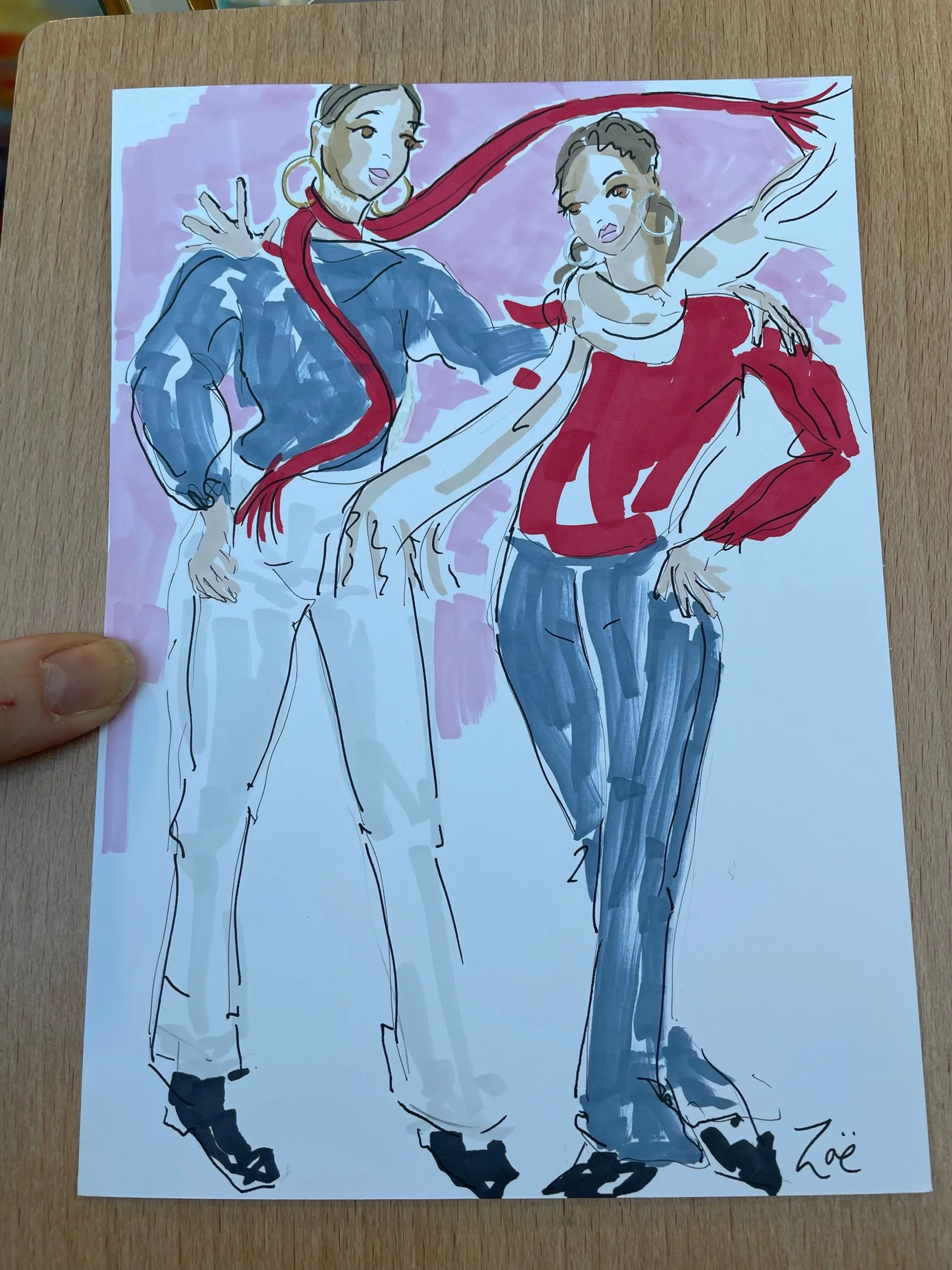 Hand-drawn fashion illustration of two women in stylish clothing, standing confidently with their hands on their hips, with a pink or purple background.