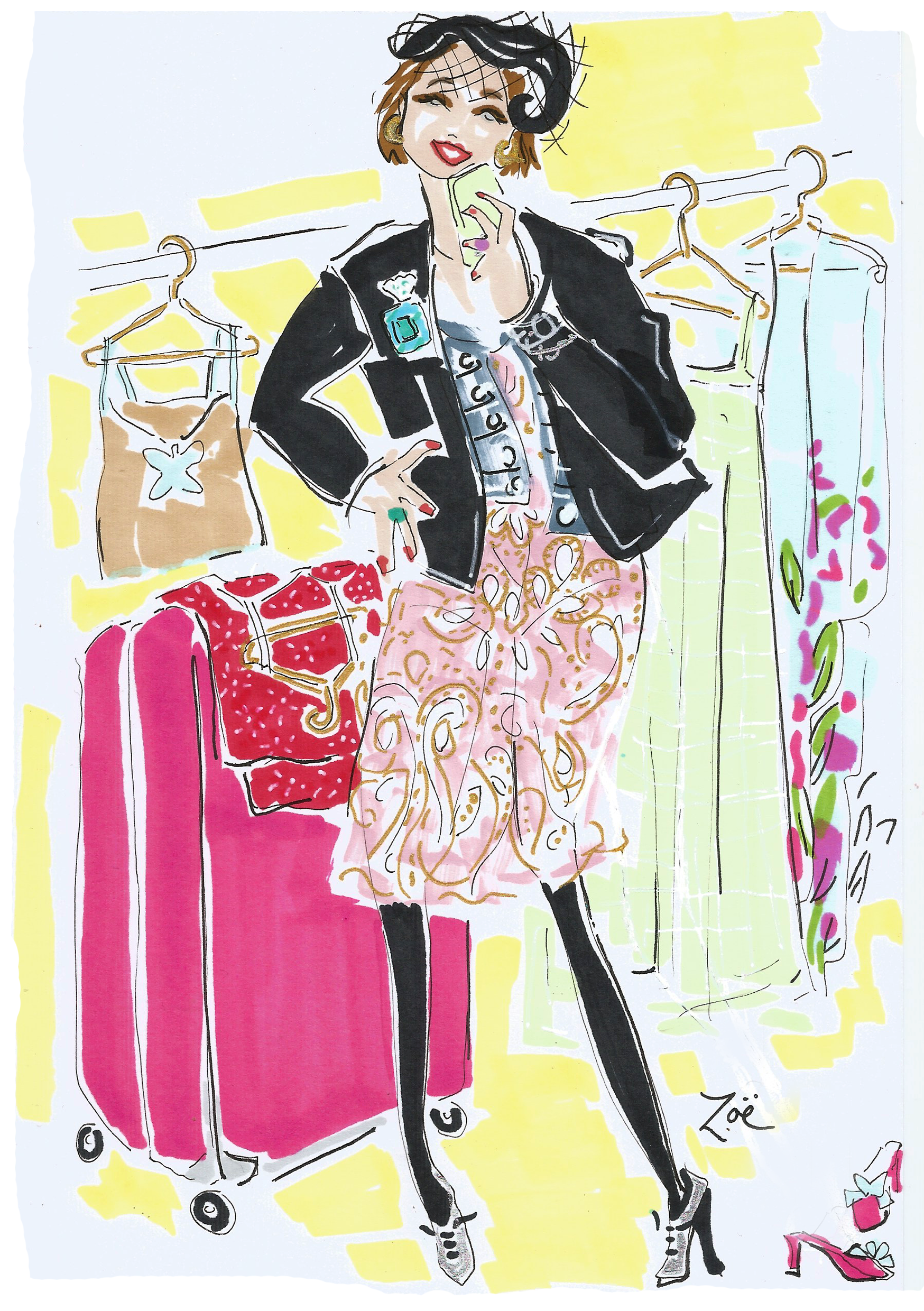Fashion Illustration by Zoe Parker Illustration of herself standing with a pink suitcase and taking a selfie with a green iphone. She is wearing a black hat with a veil, a black jacket with a turquoise Chanel brooch and a pink beaded dress. silver