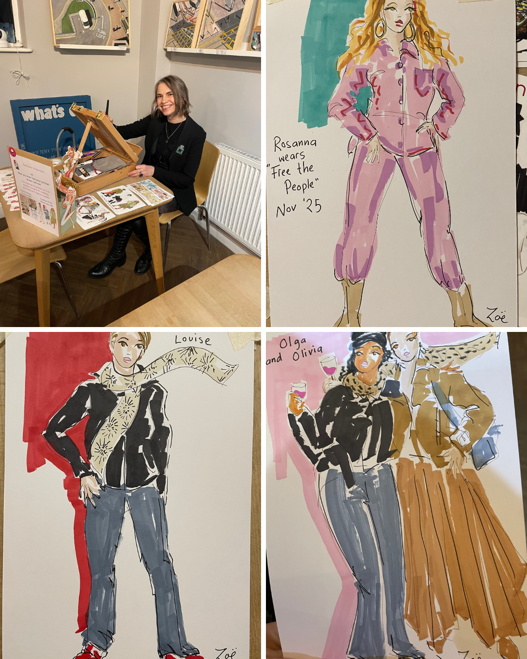 Zoe Parker Illustration creating Live Portraits at the Paxton Centre in Crystal Palace. Along side are some portraits of guests.