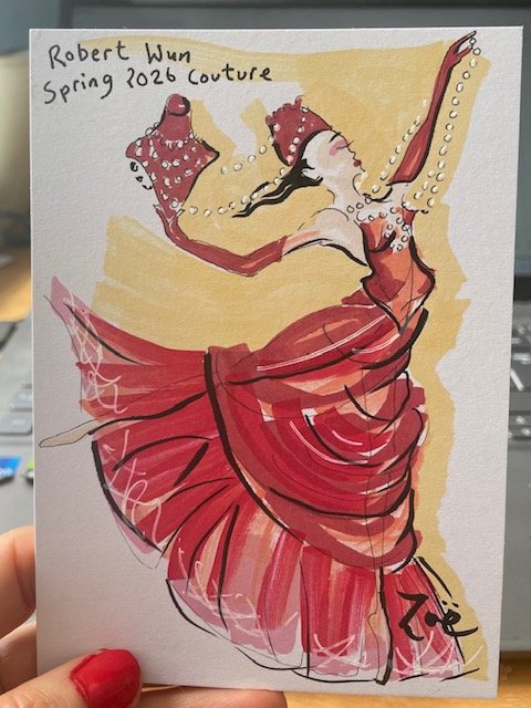Fashion illustration of Robert Wun design drawn by Zoe Parker Illustration
