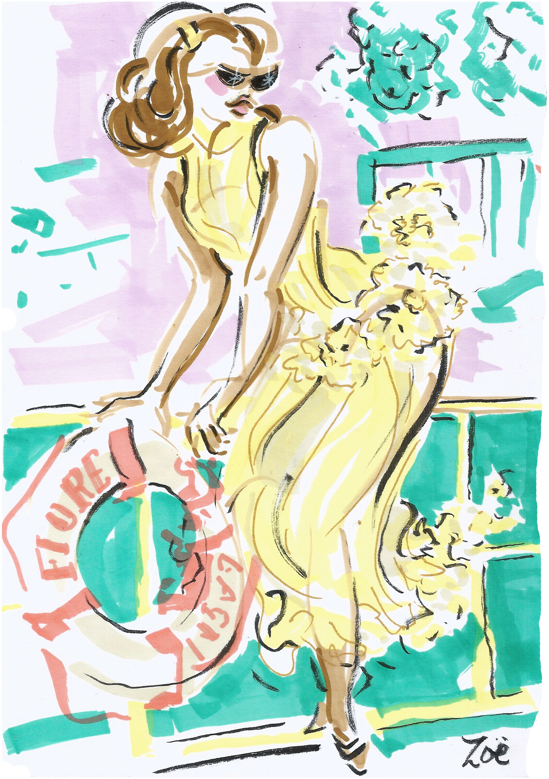 A beautiful woman in a yellow dress with yellow and white flowers is sitting on the railings by a turquoise sea, resting on a life belt, the background scenery looks like St Tropez, the woman is a fashion illustration by Zoe Parker Illustration