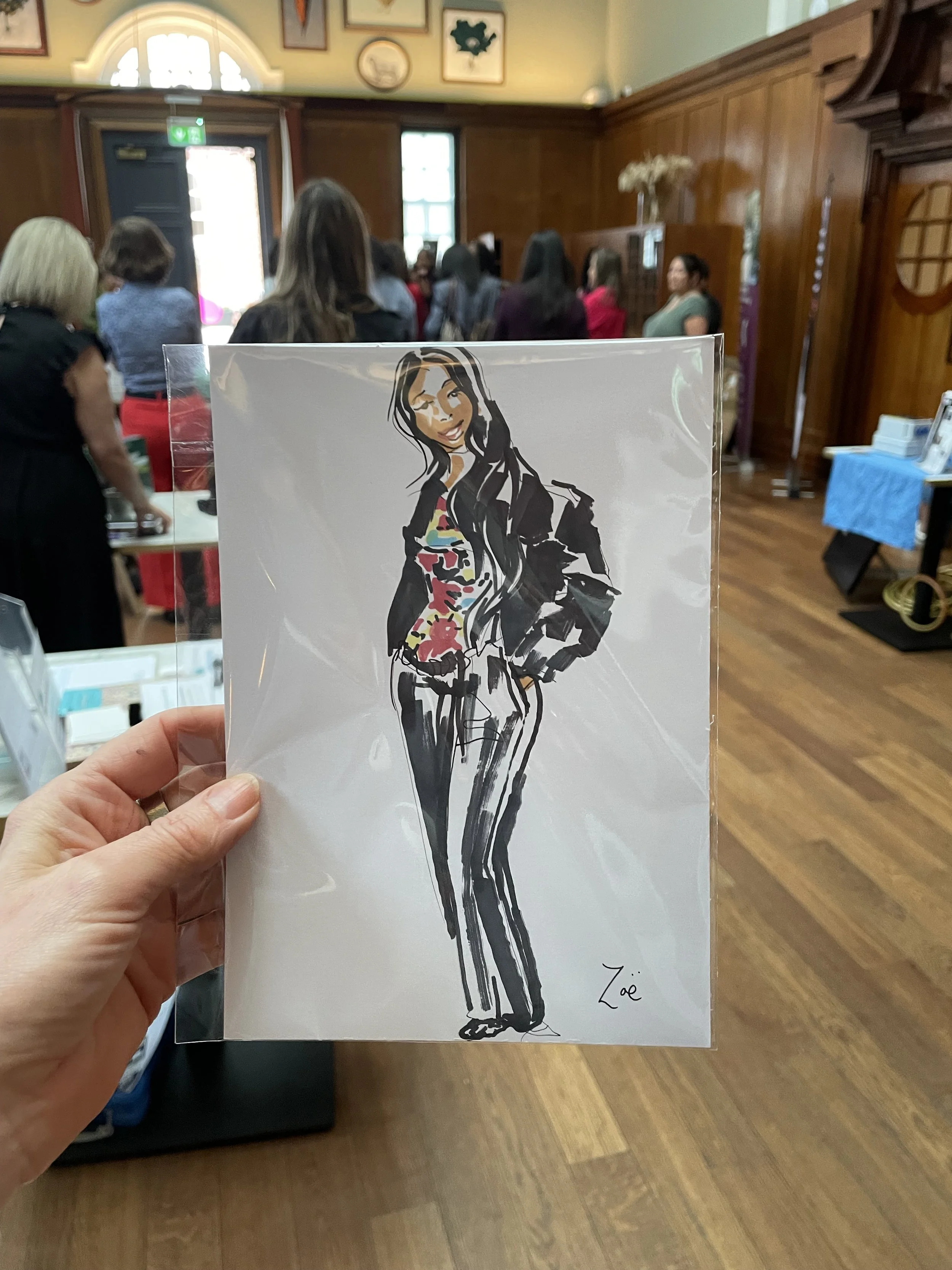 Zoe Parker Illustration drawing of woman in black created live at Bromley Ladies Who Latte