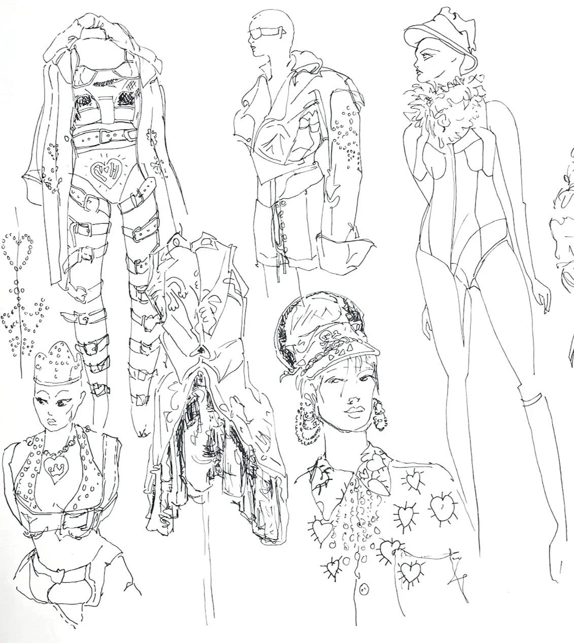 LIne drawings in fine liner of clothes designed by Pam Hogg in the 1980s. Studded silver leather corsets and bra tops, leather shorts, hats, buckled trouser legs, studded coats, feather boa, sunglasses, peaked hats, skulls, lace-up shorts, graduated