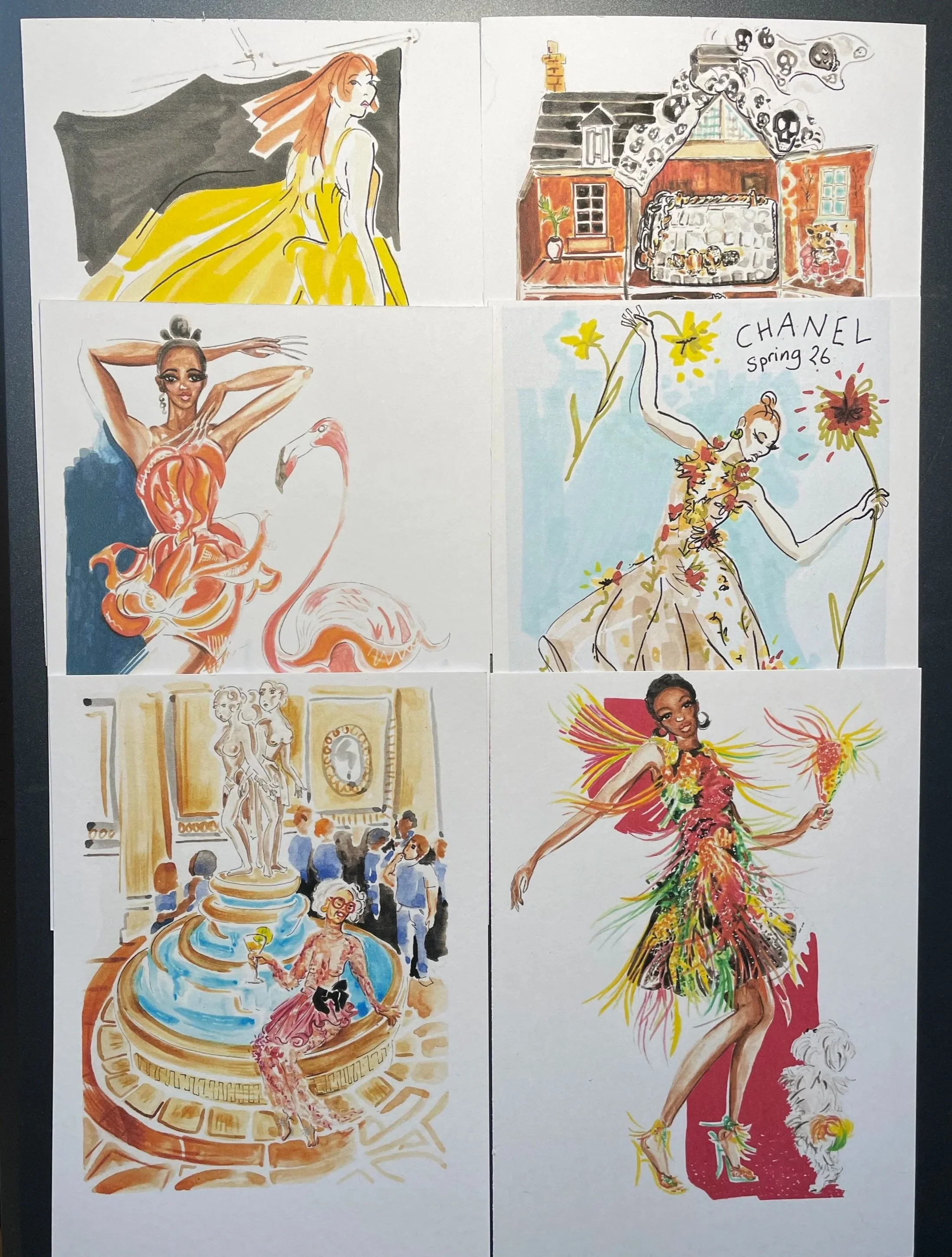 Set of 6 fashion illustration postcards featuring different designs ink-jet printed on 300gsm card