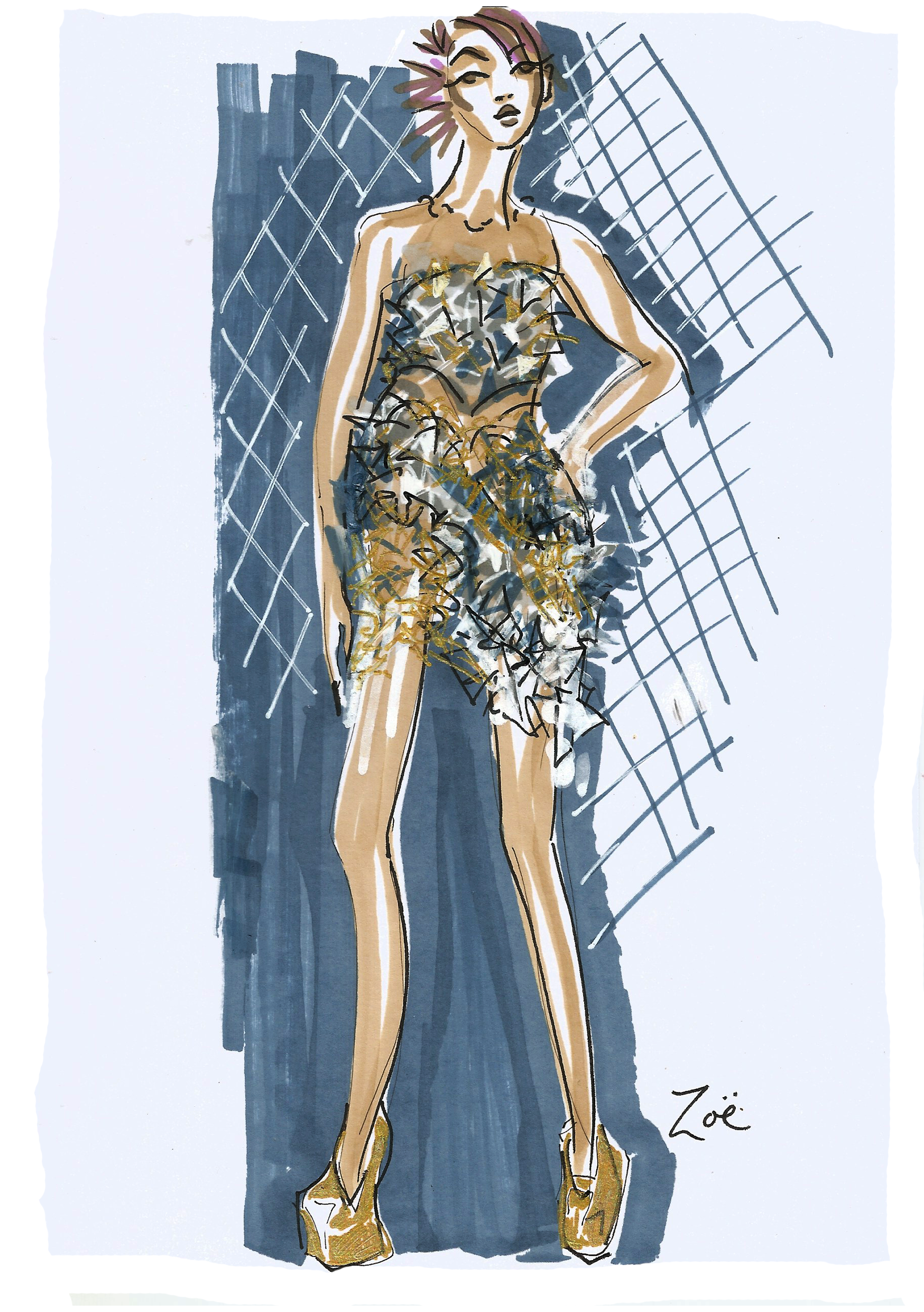 Illustration by Zoe Parker Illustation of fashion model Camille at Karina Bond's Vivarium private view fashion illustration