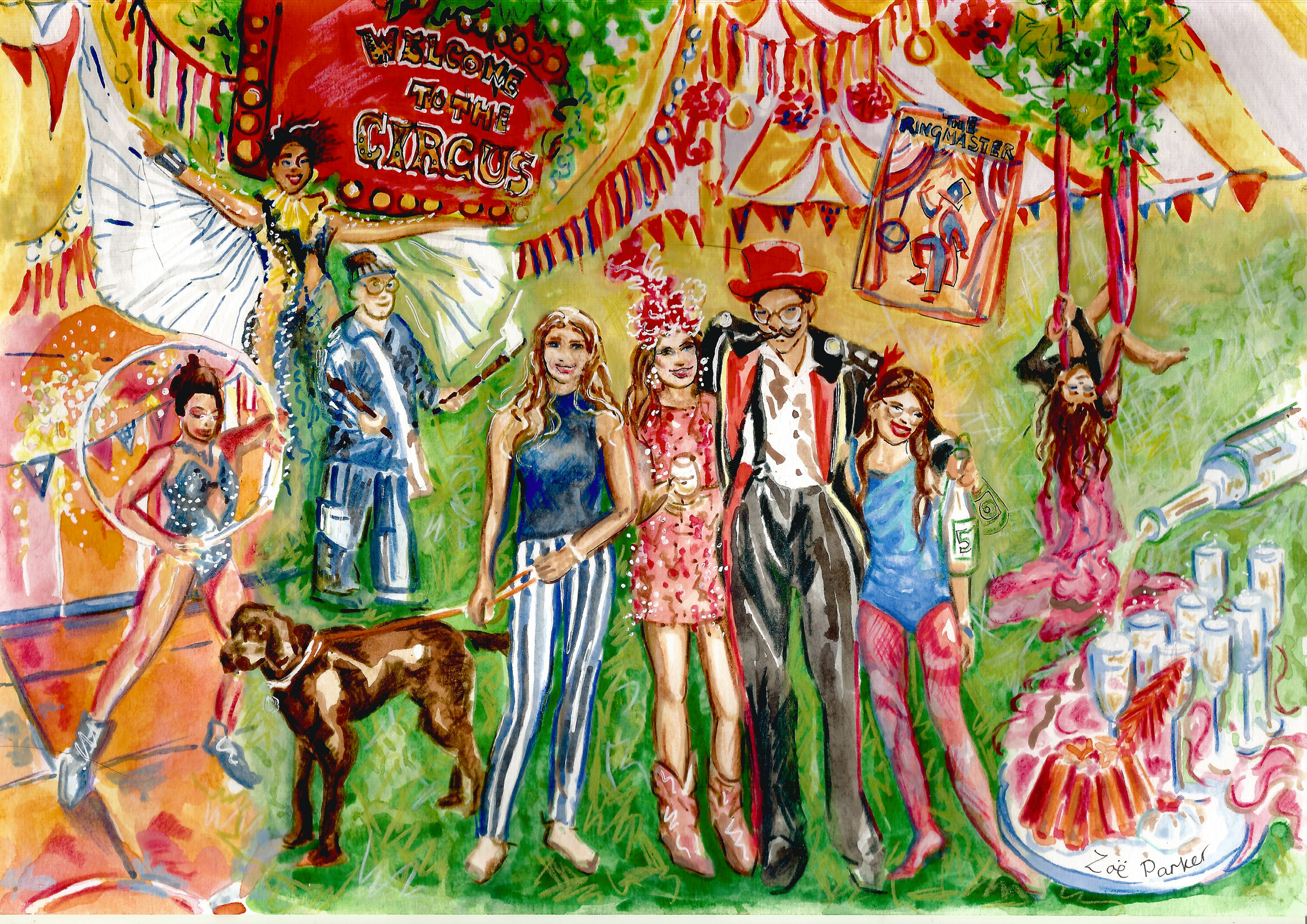 Watercolour portrait illustration featuring circus theme for 50th birthday gift illustrated by Zoe Parker Illustration.png