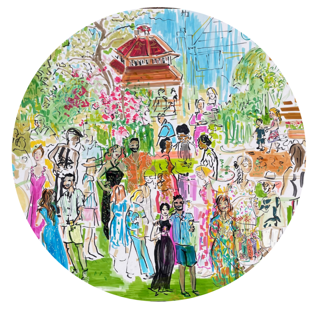 A scene from a lively birthday party, drawn outdoors in summer. The guests are wearing brightly coloured clothes and chatting and smiling, sipping drinks. There are flowers blooming and a Chinese-style gazebo-pagoda in the background. Hand drawn.