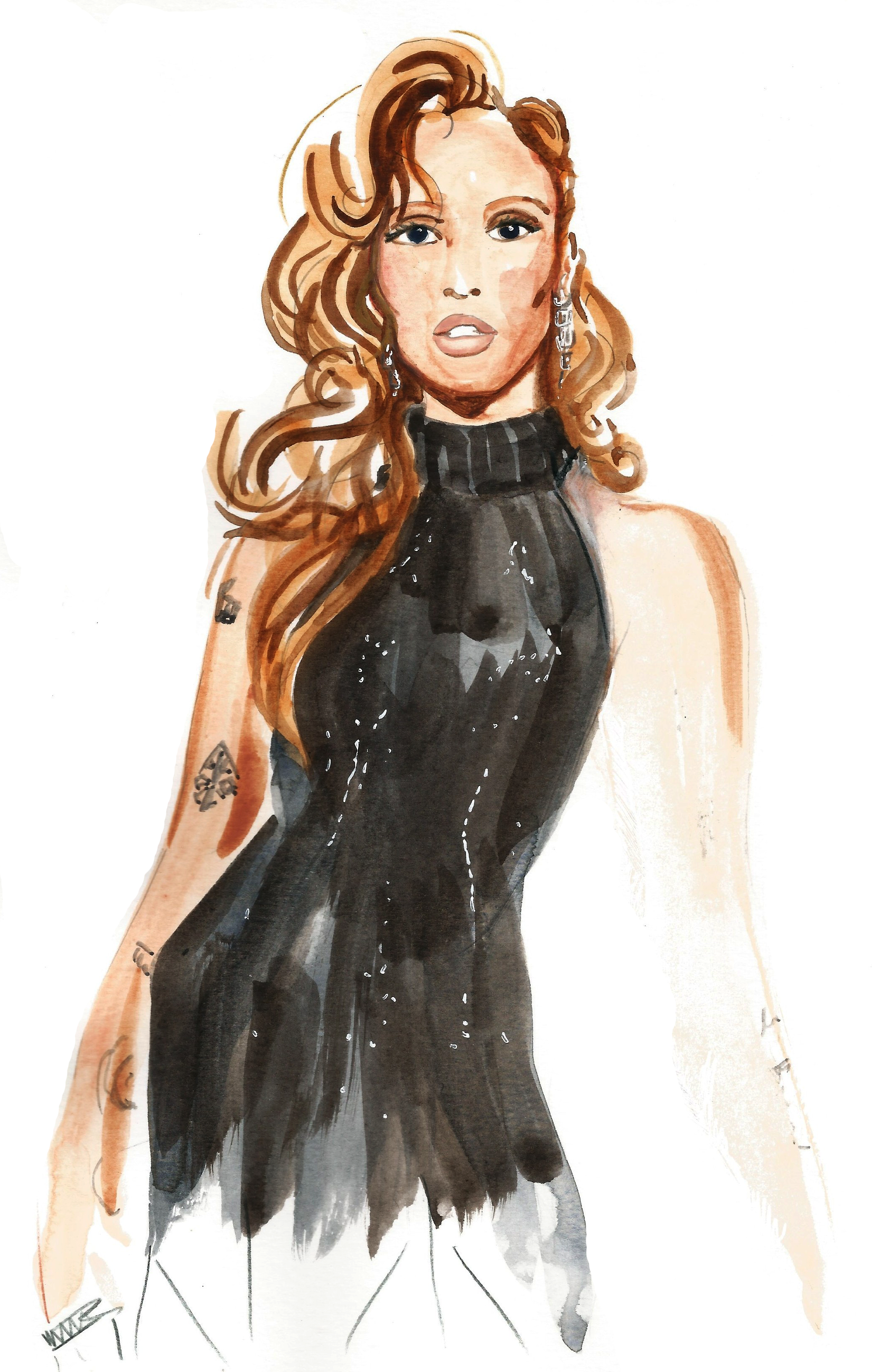 Watercolor illustration of a woman with long, wavy, reddish-brown hair, wearing a sleeveless black dress with a turtleneck, earrings, and showing some tattoos on her arms.