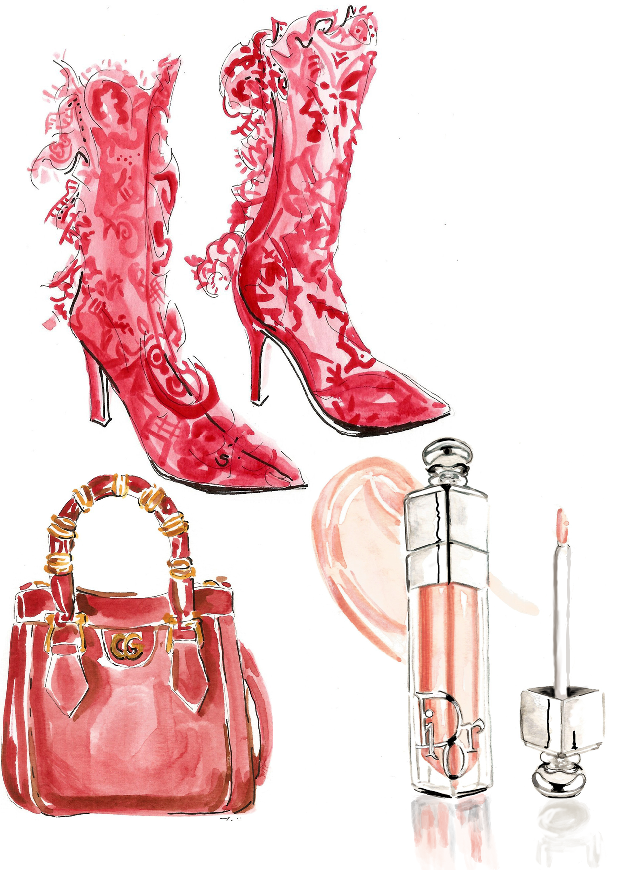 McQueen Boots, Gucci Bag, Dior Lipstick postcard.png